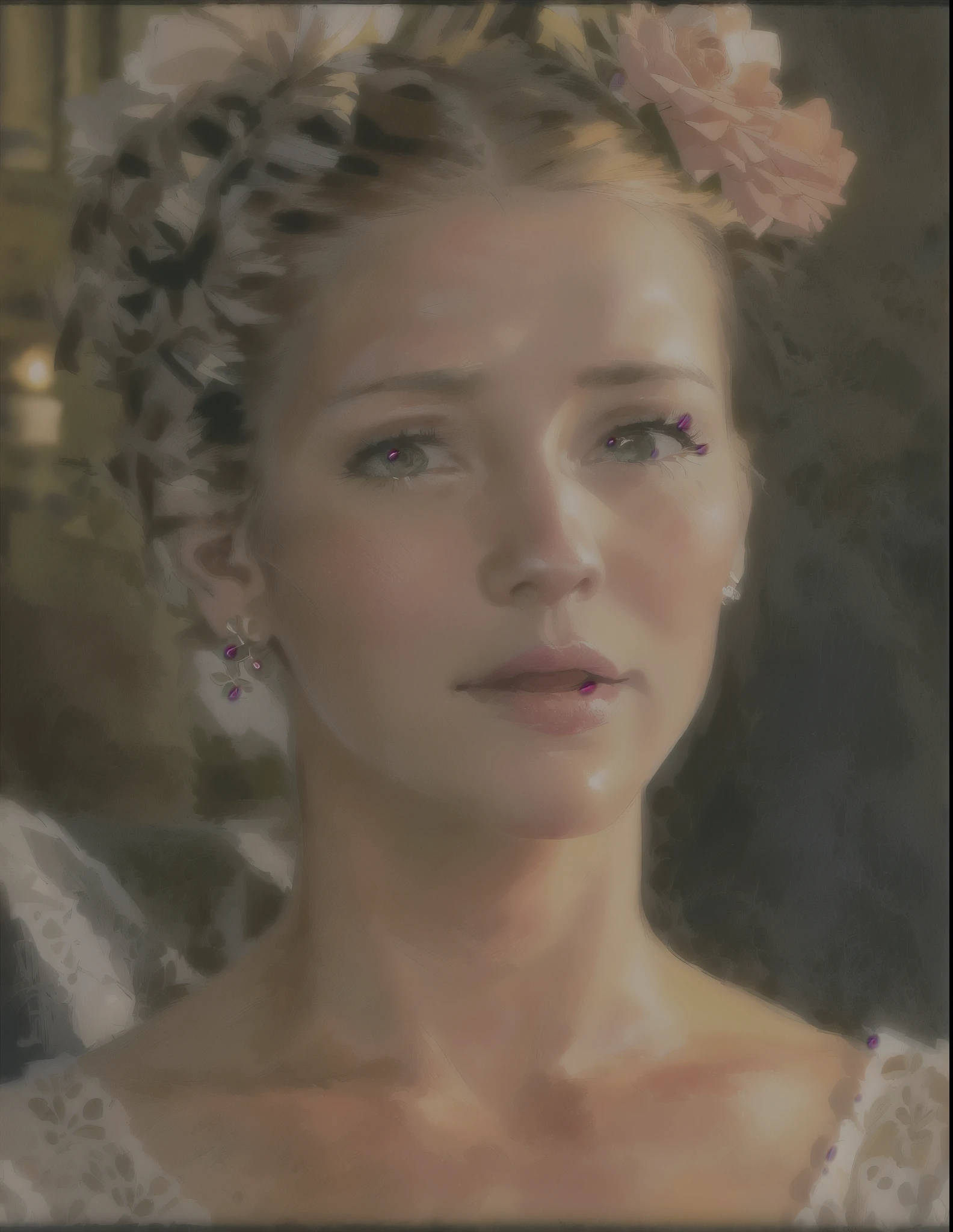 There was a lady with a flower in her hair, Perdita Week!, Scene close-up, Inspired by Constance Anne Parker, Movie screenshots, Widescreen shooting, & Her expression is serious., But she had a serious look on her face., screenshot, A wonderful scene, 录像带屏幕screenshot, Emma, Scene portrait close-up, Close-up portrait movie still