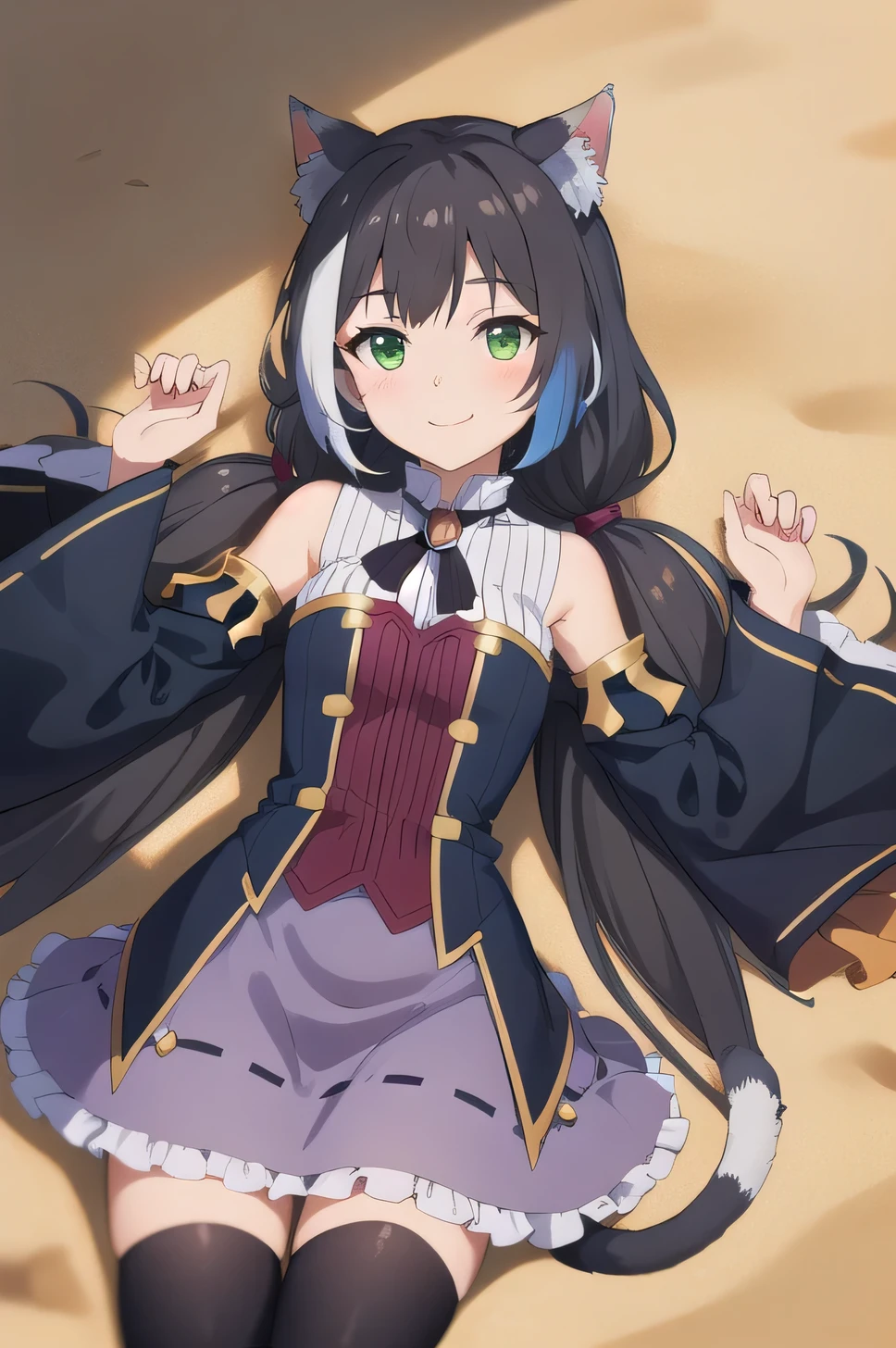 best quality, masterpiece, detailed,
Karyl,
solo, smile,
black hair, streaked hair, white hair, low twintails, very long hair, green eyes, cat ears, cat tail,
KarylDress, detached sleeves, black thighhighs, purple skirt, frills, brooch,
(cowboy shot:1.5), solo, lying, on back, on sand, spread arms, looking at viewer, best quality,