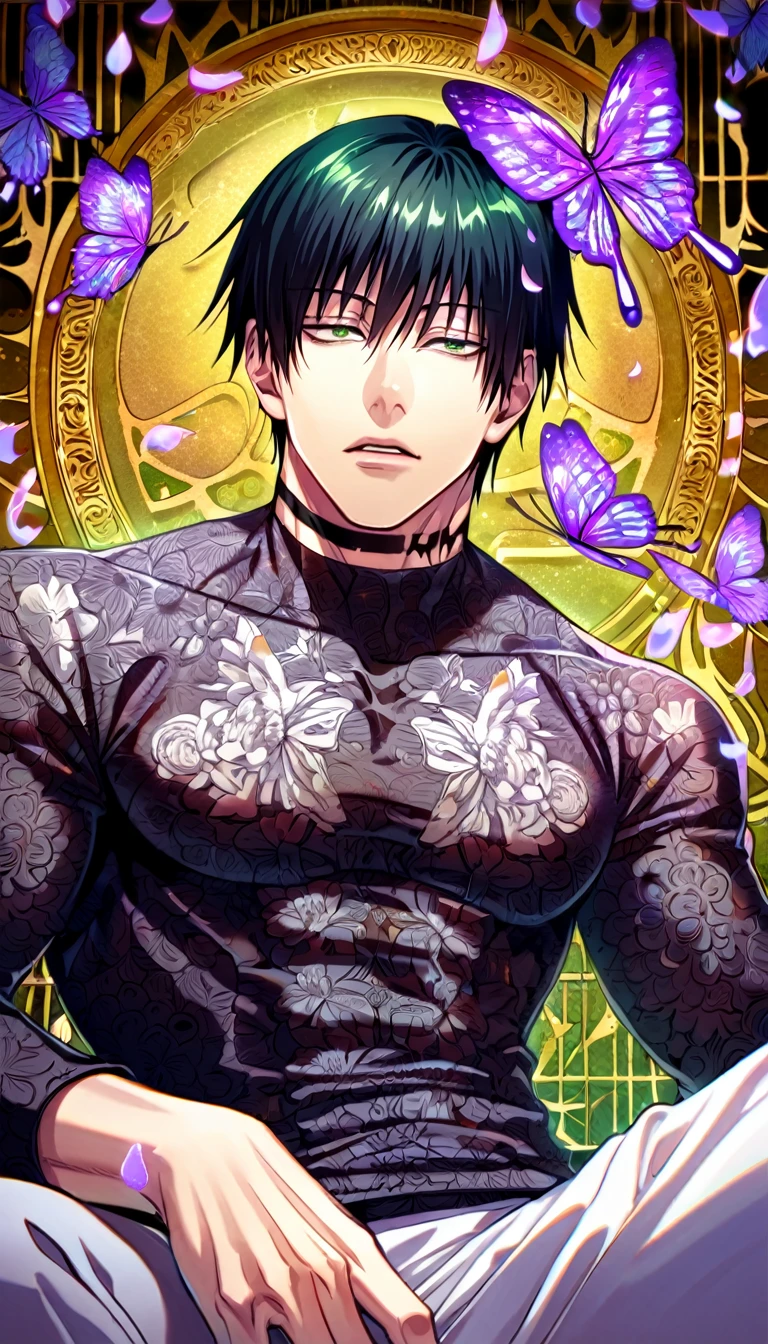 Ultra detailed, HDR, Highres, absurdres, master piece, Fushiguro Touji, black straight hair, expressive green eyes, Jujutsu Kaisen, purple glittering butterflies, petals, fantasy, purple flowers, sexy man, solo, extremely detailed face and eyes, handsome, glittering, toned chest, black coat with patterns, black tight shirt, tattoo on his neck, scar on his right lip, white pants, sitting