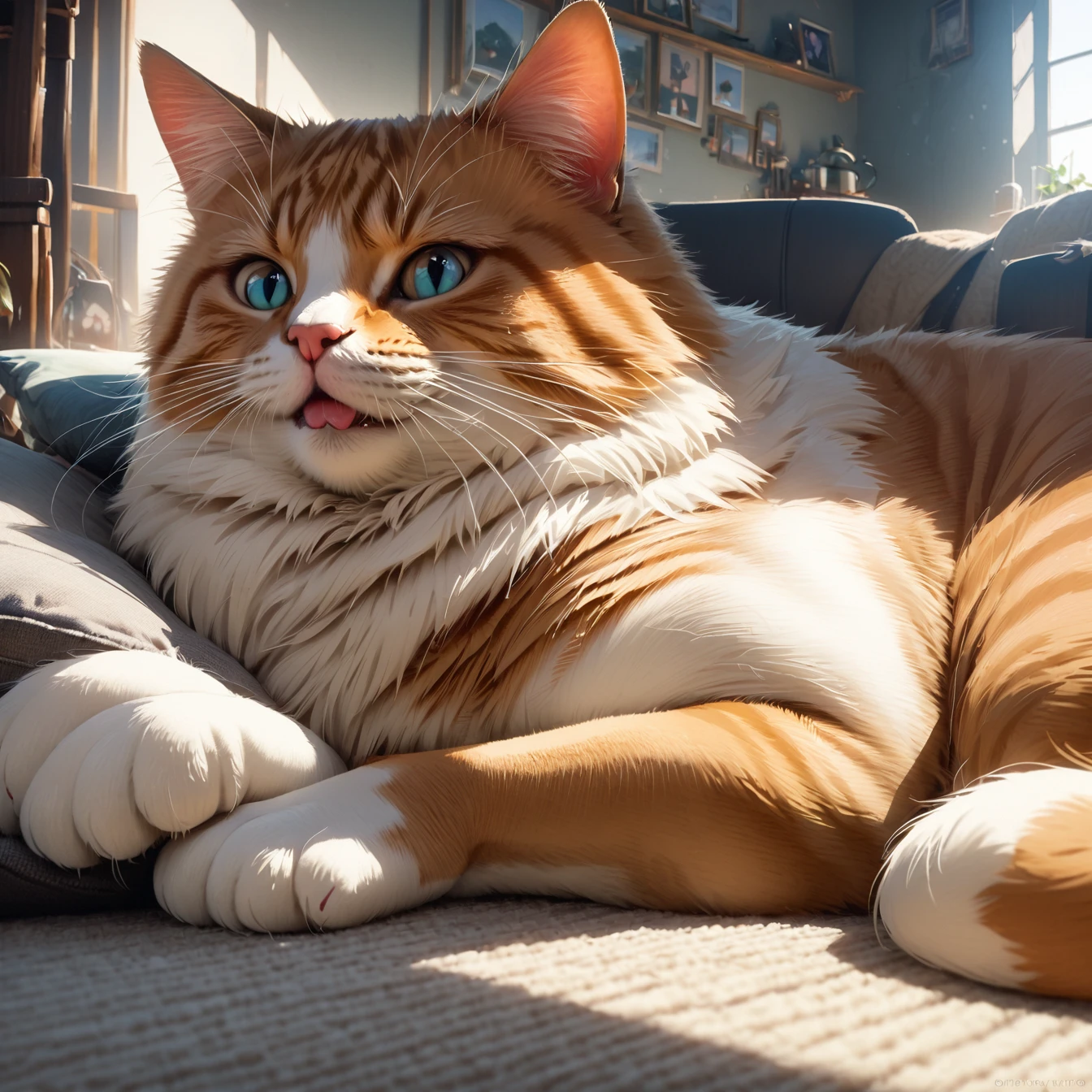 a curious cat with its mouth slightly open, pink tongue sticking out, relaxing and lounging, extremely detailed, (best quality,4k,8k,highres,masterpiece:1.2),ultra-detailed,(realistic,photorealistic,photo-realistic:1.37),finely detailed cat face and features, intricate whiskers, soft fluffy fur, natural lighting, warm color tones, depth of field, cat in natural setting, peaceful atmosphere