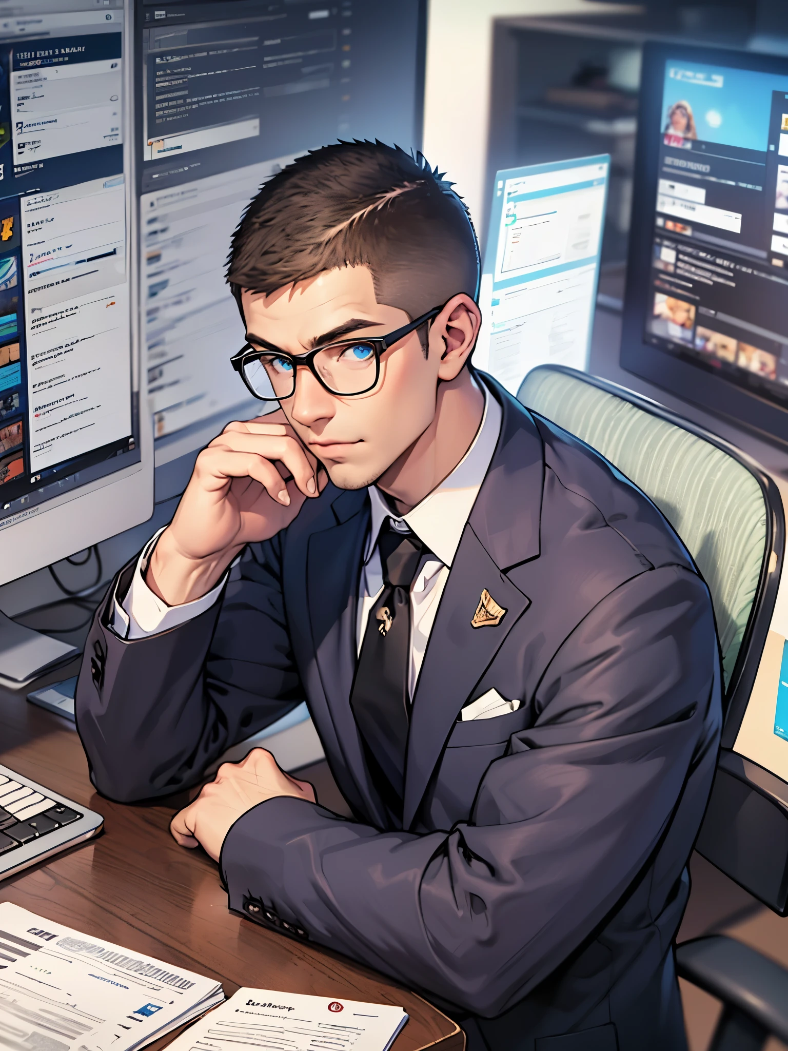 best quality, masterpiece, highres, solo, solo focus, 1boy, (mature billionaire), bald head, (brown hair, crew cut), blue eyes, glasses, american, (three-piece suit, necktie), sitting in a chair, office, desk, laptop computer, empire state building outside window, scheming