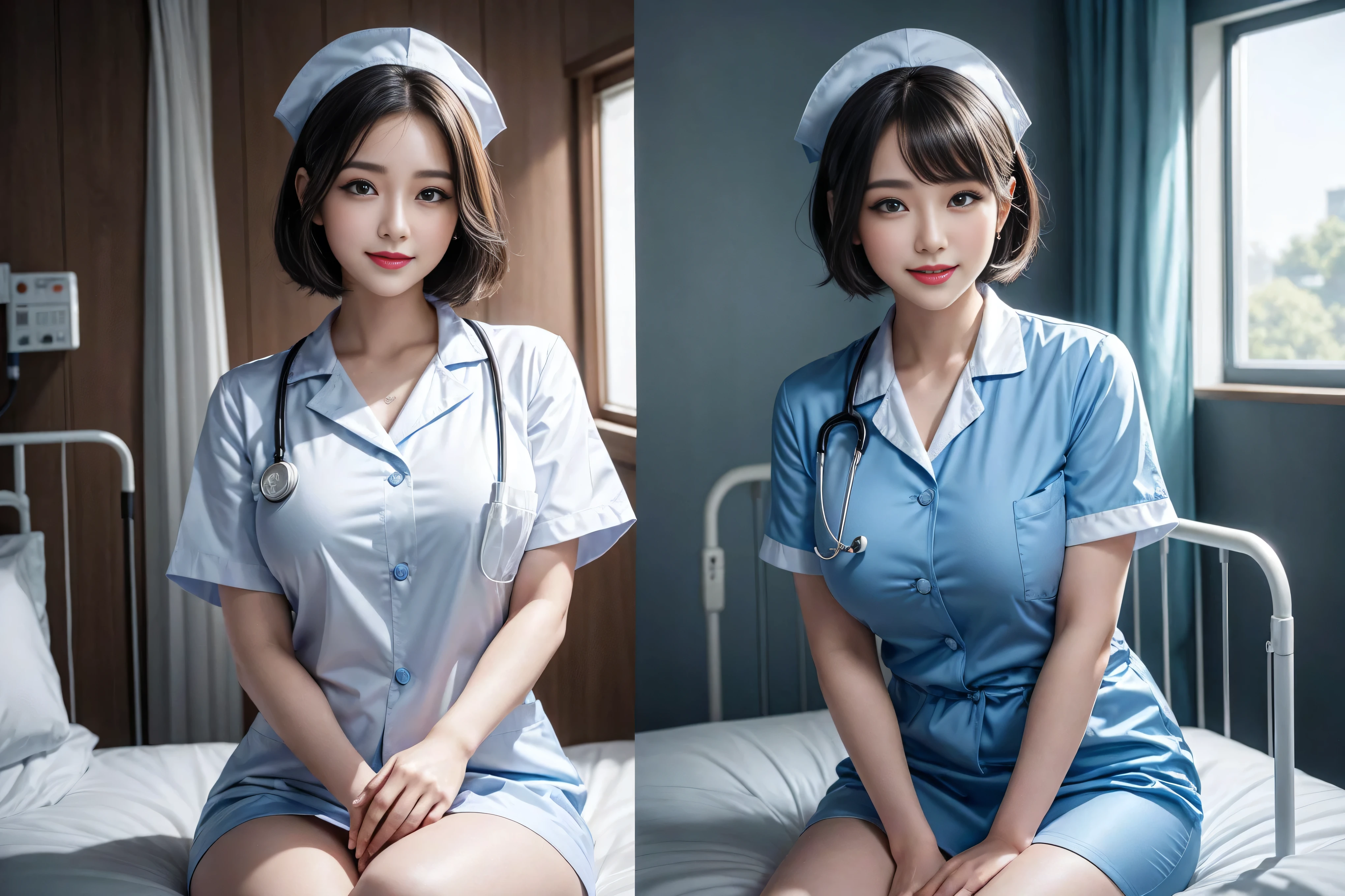 (3 Ultimate Beauty Nurse)、{{{masterpiece}}}， {Oh oh oh, Oh, really：1.2}， best quality， Official Art， Highly detailed CG Unity 8k wallpaper， Very rich facial details、Delicate lips、Delicate eyes、Double eyelids、((Black Bob Hair))、(Nurse:1.3)、(Attractive figure)、(huge)、（（Open mouth smile： 1.8， Lovely smile： 1.8））， solo， Short hair details， Energetic smile， blue eyes，With eyes_Tokar， {Beautiful detailed gradient eyes}， Red lips，thigh, thigh, thigh, Perfect fit, Perfect ImageReality, Background and: (Hospital Ward:1.2), Cow Boy Shooting, Detailed background, Detailed clothing, Wearing a nurse hat，Wearing nurse uniform，Perfect lighting、Surreal、(Reality:1.4)、8K maximum resolution, (masterpiece), Very detailed content, professional，