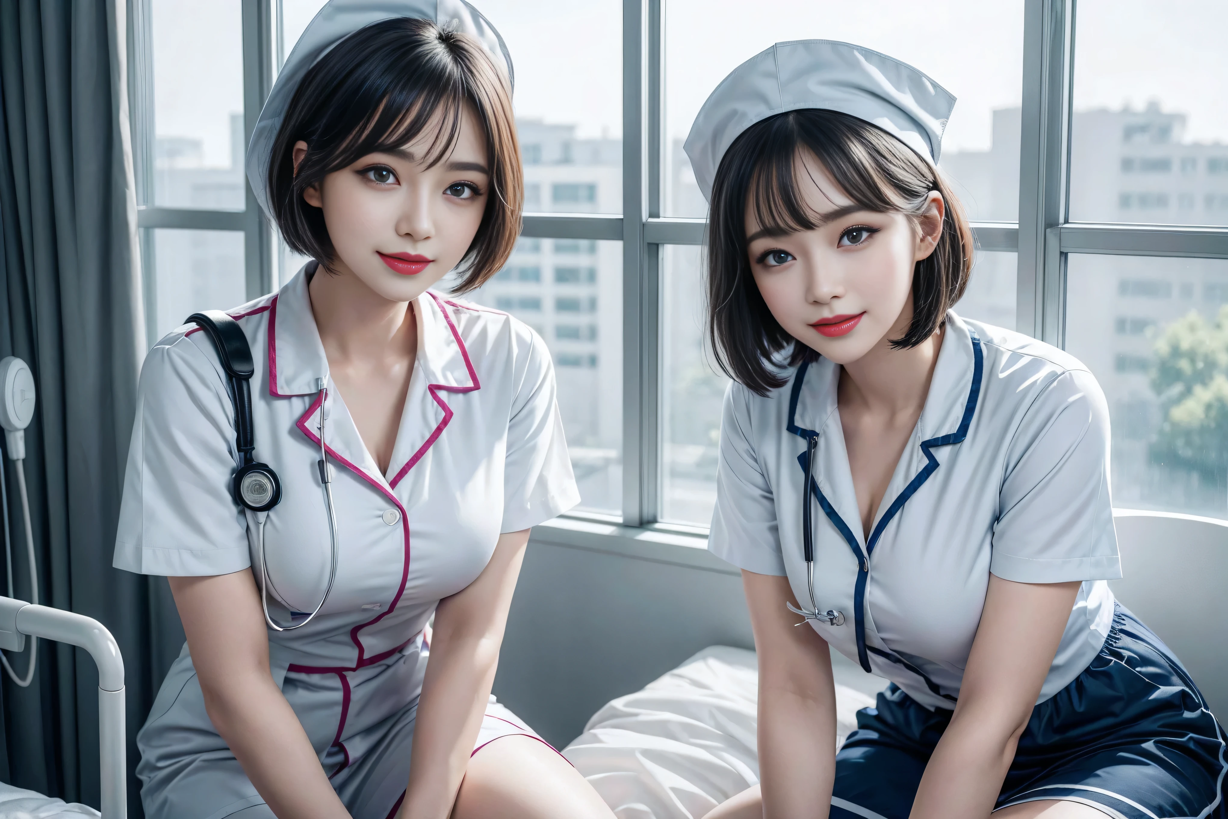 (3 Ultimate Beauty Nurse)、{{{masterpiece}}}， {Oh oh oh, Oh, really：1.2}， best quality， Official Art， Highly detailed CG Unity 8k wallpaper， Very rich facial details、Delicate lips、Delicate eyes、Double eyelids、((Black Bob Hair))、(Nurse:1.3)、(Attractive figure)、(huge)、（（Open mouth smile： 1.8， Lovely smile： 1.8））， solo， Short hair details， Energetic smile， blue eyes，With eyes_Tokar， {Beautiful detailed gradient eyes}， Red lips，thigh, thigh, thigh, Perfect fit, Perfect ImageReality, Background and: (Hospital Ward:1.2), Cow Boy Shooting, Detailed background, Detailed clothing, Wearing a nurse hat，Wearing nurse uniform，Perfect lighting、Surreal、(Reality:1.4)、8K maximum resolution, (masterpiece), Very detailed content, professional，