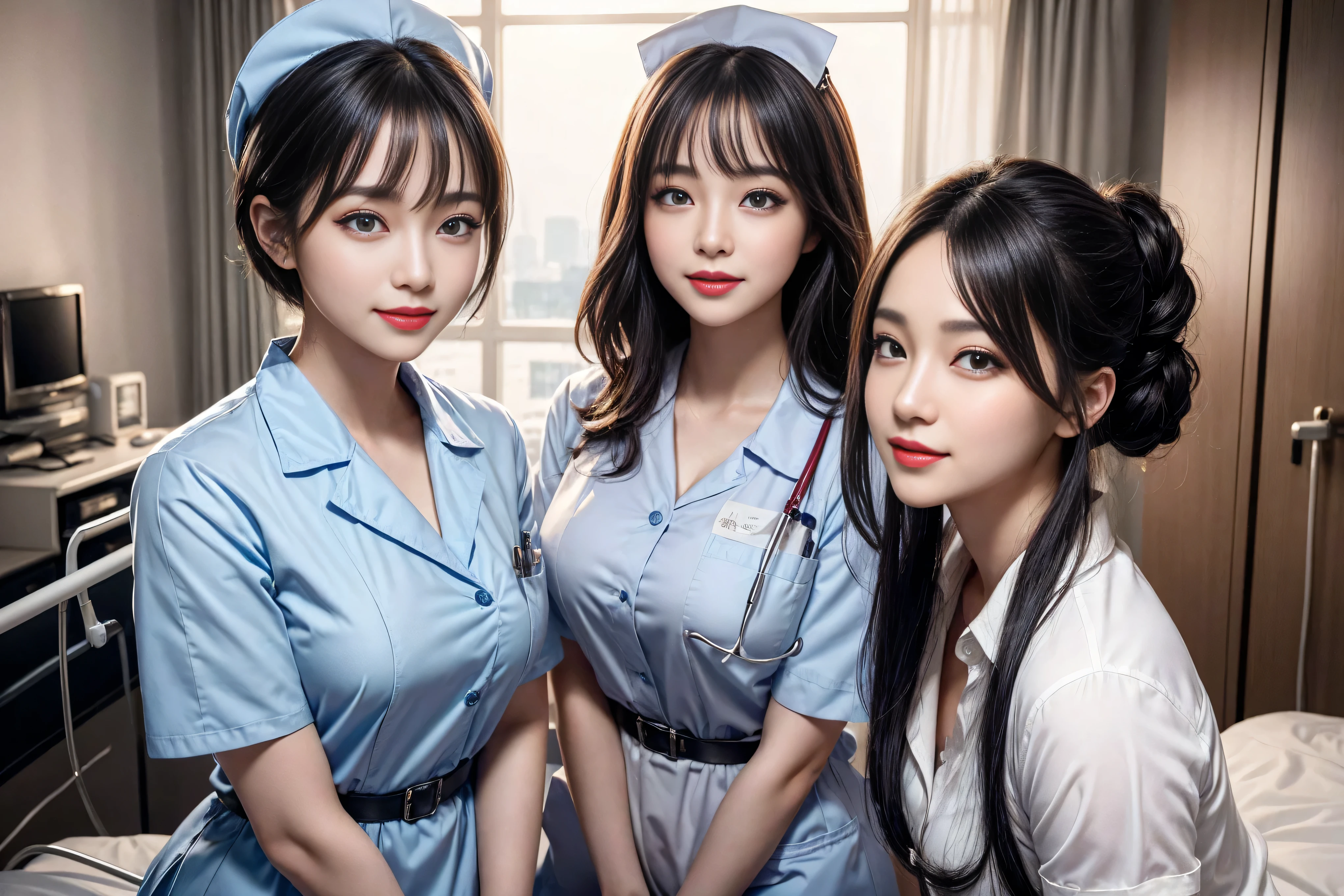 (3 Ultimate Beauty Nurse)、{{{masterpiece}}}, {Oh oh oh, Oh, really:1.2}, best quality, Official Art, Highly detailed CG Unity 8k wallpaper, Very rich facial details、Delicate lips、Delicate eyes、Double eyelids、((Black Bob Hair))、(Nurse:1.3)、(Attractive figure)、(huge)、((Open mouth smile: 1.8, Lovely smile: 1.8)), solo, Short hair details, Energetic smile, blue eyes,With eyes_Tokar, {Beautiful detailed gradient eyes}, Red lips,thigh, thigh, thigh, Perfect fit, Perfect ImageReality, Background and: (Hospital Ward:1.2), Cow Boy Shooting, Detailed background, Detailed clothing, Wearing a nurse hat,Wearing nurse uniform,Perfect lighting、Surreal、(Reality:1.4)、8K maximum resolution, (masterpiece), Very detailed content, professional,