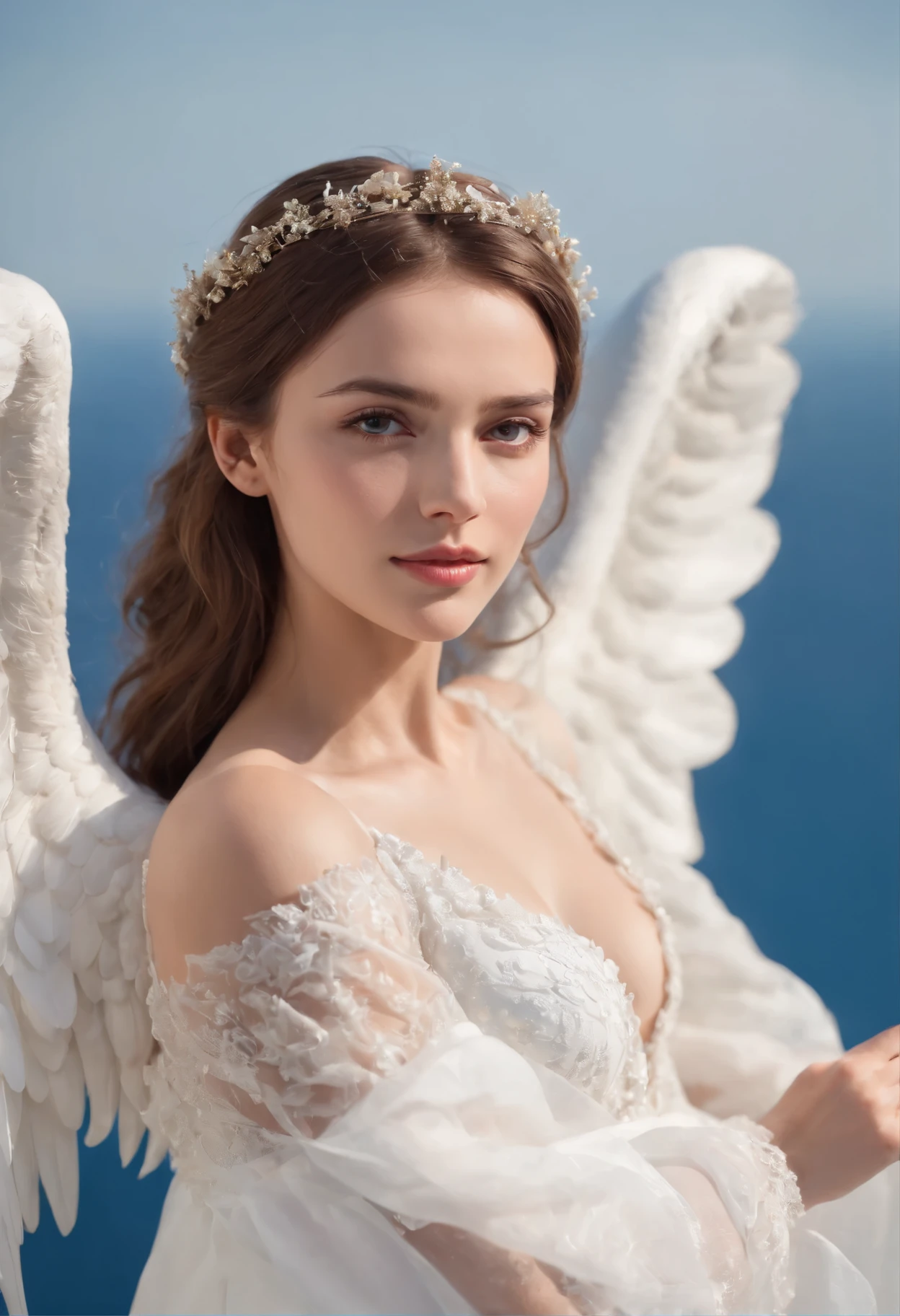 beautiful, masterpiece, beata undine, angel face, big wings , best quality, extremely detailed face, long dress, white, perfect lighting, 1girl, solo, , sitting, blush, sky heaven clouds, side view