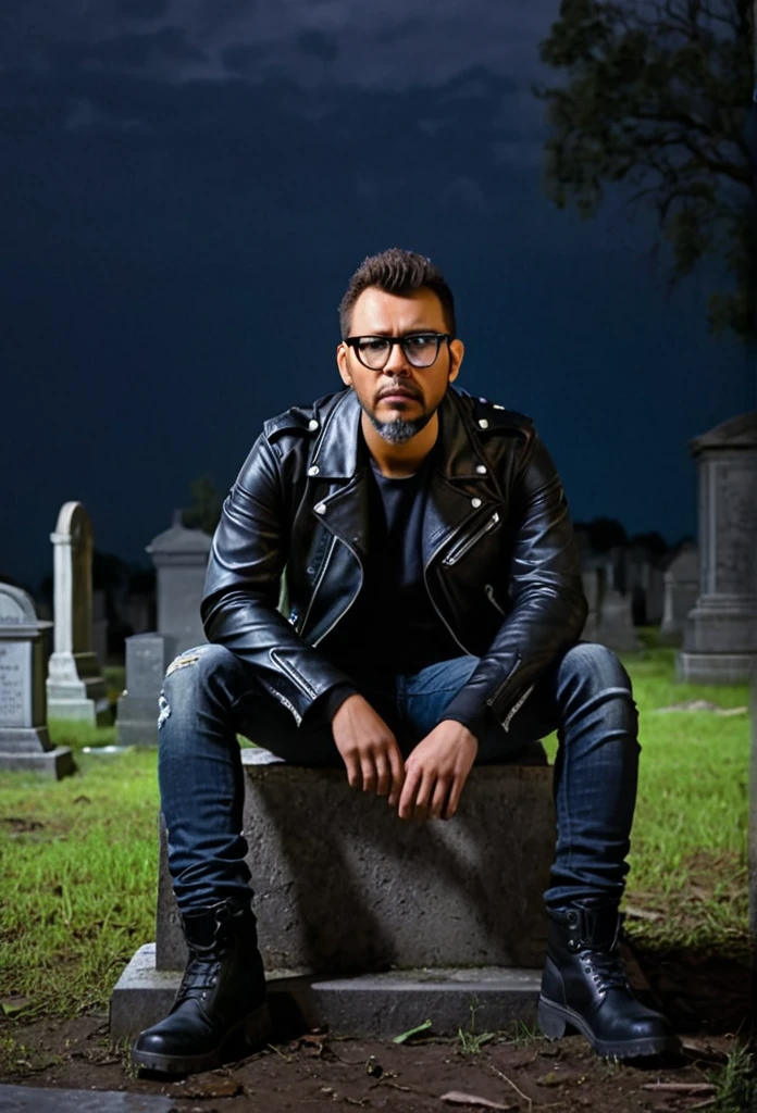 A hyper-realistic and professional portrait of a man with glasses and a short stubble beard, wearing a black leather jacket, ripped jeans, and long adventure boots. It is a dark night, and he is sitting atop a tomb in an abandoned, ruinous, and eerie cemetery. The ground is wet from rain that fell hours earlier. The sky is cloudy with a full moon casting the only light, creating an eerie illumination. The scene has a sinister, horror movie atmosphere, with shadows and dark tones enhancing the macabre setting. The environment is filled with crumbling gravestones, twisted, bare trees, and a sense of foreboding. The scene features great depth of field with a focus on the man. The image is captured in 8K resolution with professional photography quality, highlighting intricate details and realism.,gutto2024abr 