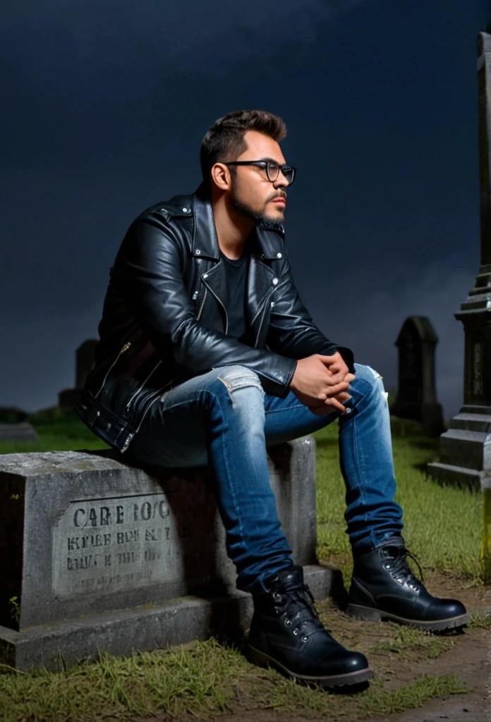 A hyper-realistic and professional portrait of a man with glasses and a short stubble beard, wearing a black leather jacket, ripped jeans, and long adventure boots. It is a dark night, and he is sitting atop a tomb in an abandoned, ruinous, and eerie cemetery. The ground is wet from rain that fell hours earlier. The sky is cloudy with a full moon casting the only light, creating an eerie illumination. The scene has a sinister, horror movie atmosphere, with shadows and dark tones enhancing the macabre setting. The environment is filled with crumbling gravestones, twisted, bare trees, and a sense of foreboding. The scene features great depth of field with a focus on the man. The image is captured in 8K resolution with professional photography quality, highlighting intricate details and realism.,gutto2024abr 