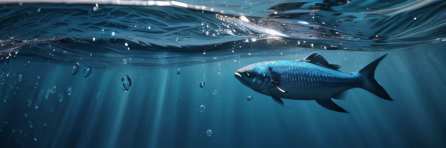 Blue sea,A fish breaks out of the water,Can see water droplets,Amazing。Can be used as homepage