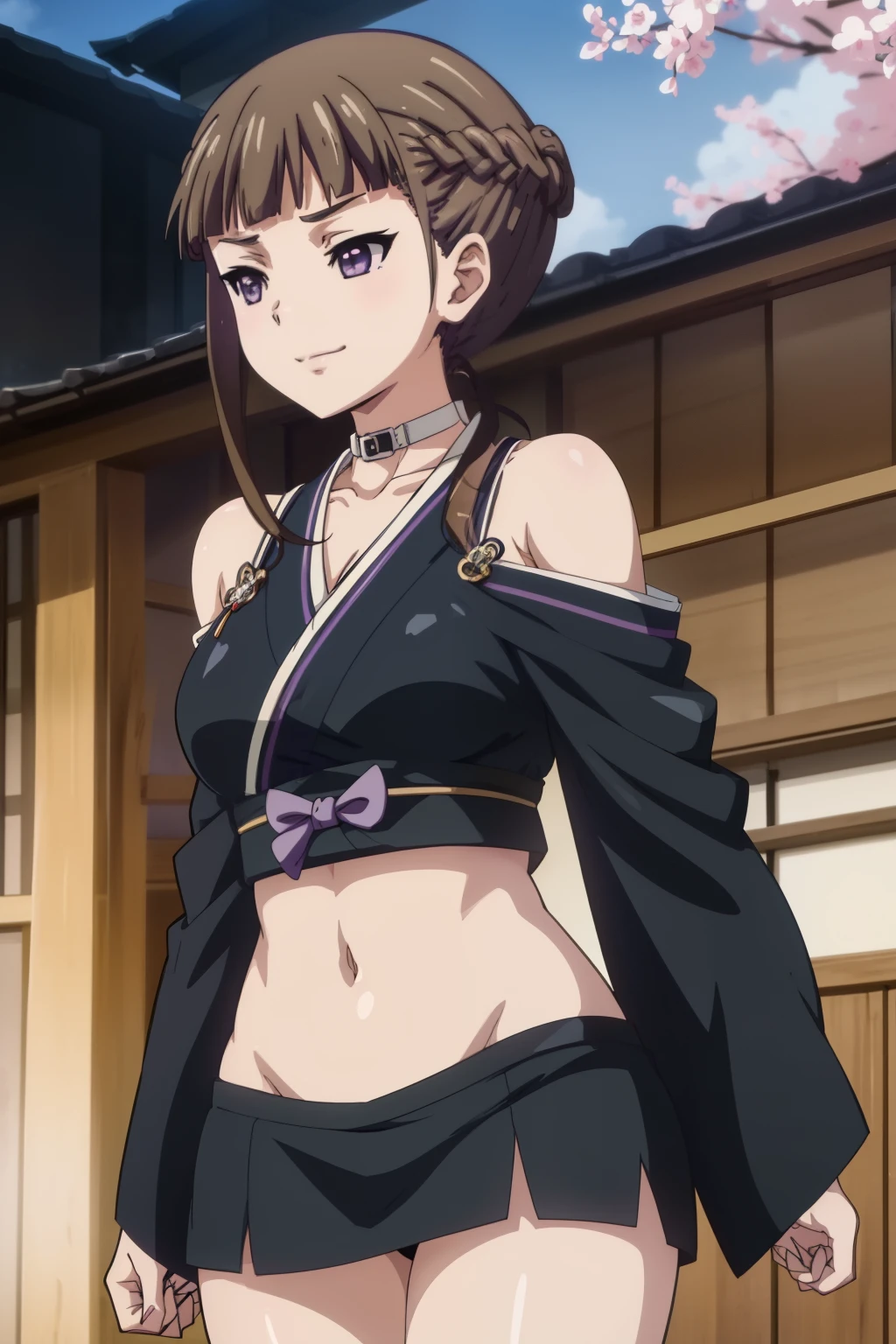 nemumanaka, nemu manaka, brown hair, long hair, (purple eyes:1.1), smile, 
masterpiece, best quality, highly detailed, a anime girls in kimono dress with a sword posing for a
picture, bare shoulder,open kimono, evil smile,, crop top , (nsfw) not safe for work, smile,
ecchi anime style, anime girls, ecchi style, ecchi, digital anime art!!, in anime style, official artwork, visual
novel cg, beautiful anime girl, anime style 4 k, kimono pencil skirt, exposed belly, exposed navel,
exposed midriff, exposed lower belly, outdoor, japanese architecture, temple