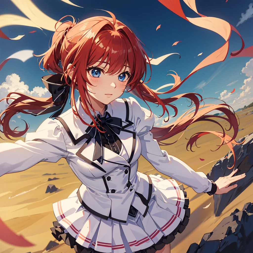 1girl, solo,Ponytail,Red Hair,MASHIROIRO SYMPHONY, INUI SANA,Showing the panties,masterpiece,best quality,highres,ultra-detailed,inui sana,blue eyes,long hair,red hair,high ponytail,ahoge,braid,hair between eyes,bangs,hair bow,neck ribbon,long sleeves,white jacket,collared shirt,juliet sleeves,white skirt,(black socks:1.2)