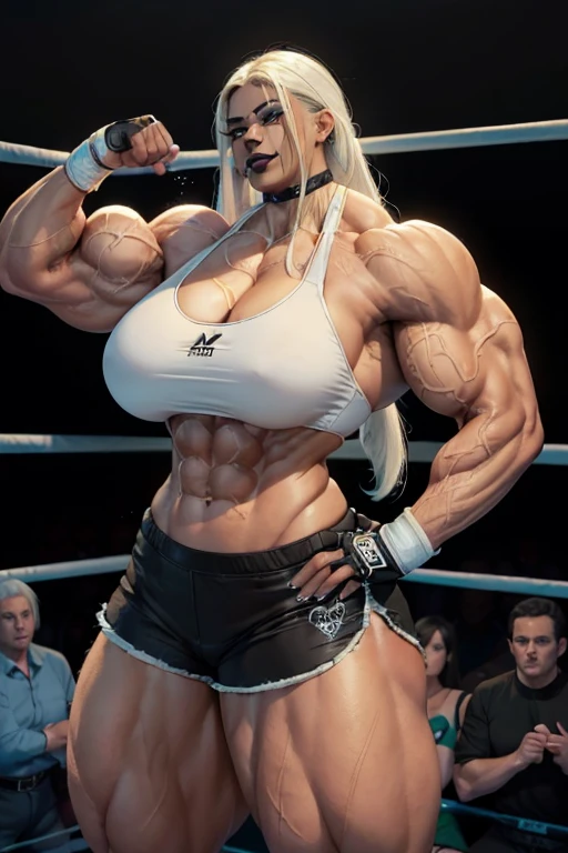 (((((Massive tall, beautiful, buff, brown skinned woman with white hair, black lipstick, ginormous bulky muscles and wearing a black pro wrestling bra with shorts))))), close view, massive muscle, massive biceps, hyper muscle shoulders, (massive muscle arms), vascular shoulders, hyper muscle triceps, (long straight hair), blue eyes, choker, (knee pads), pro wrestling boots, in a pro wrestling ring, (fingerless gloves), confident smile, night, hyper vascular arm, hyper muscles arms, hyper muscle legs, (massive arms).
