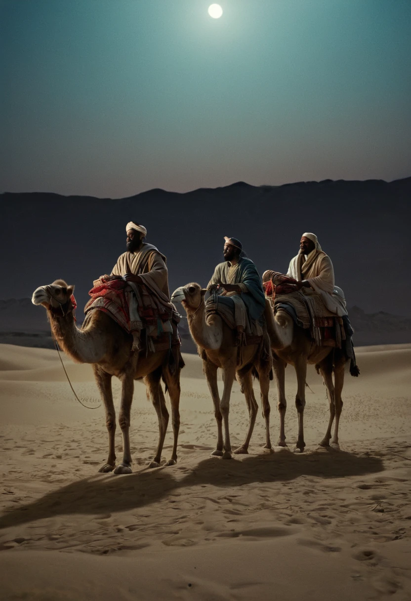 Close-up image, biblical, the three (((3))) wise men, riding on their camels, at night, following the ((star of bethlehem)) through the desert, at night, taking gifts, to meet the baby jesus, delicate detailing, highly detailed textures, soft-focus effect,soft shadows,minimalist aesthetic,gentle illumination,elegant simplicity,serene composition timeless appeal,visual softness,extremely high quality high detail RAW color photo,professional lighting,sophisticated color grading,sharp focus,soft bokeh,striking contrast,dramatic flair,depth of field,seamless blend of colors,cinematic still 35mm,CineStill 50D,800T,natural lighting,shallow depth of field,crisp details,hbo netflix film color LUT,32K,UHD,HDR,film light,panoramic shot,breathtaking,hyper-realistic,ultra-realism,high-speed photography,perfect contrast,award-winning phography,directed by lars von trie