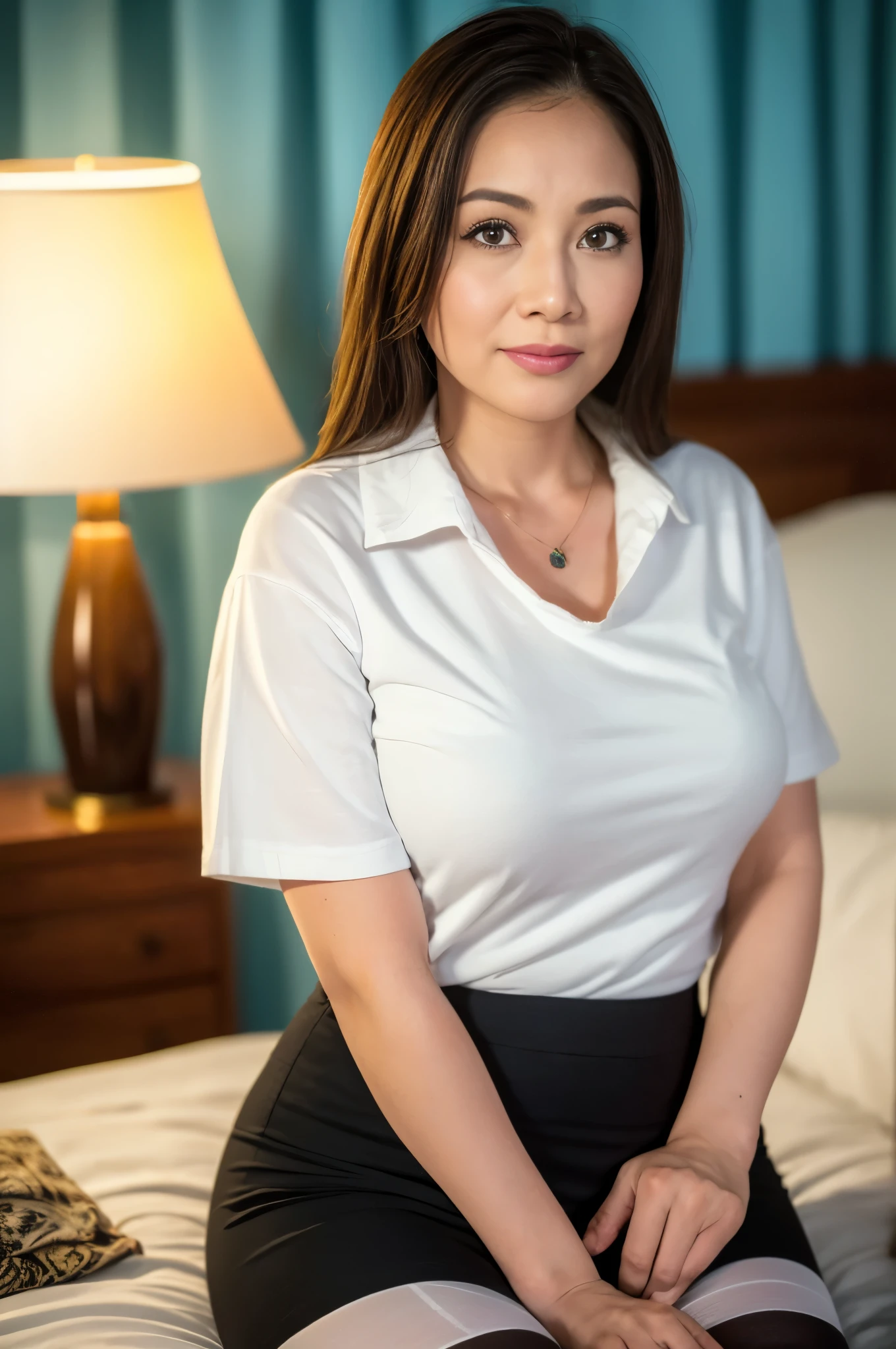 ​((masterpiece, Better Quality, hight resolution, Photorealsitic:1.4, Raw photography, high quality image)), ((portrait:1.2)), 1Milf sitting on bedside, (wearing white short callored shirts, wearing black pencil skirt, black stocking, neckerchief), curvy shape:0.5, very detailed and professional lighting, (cute facial expressions),