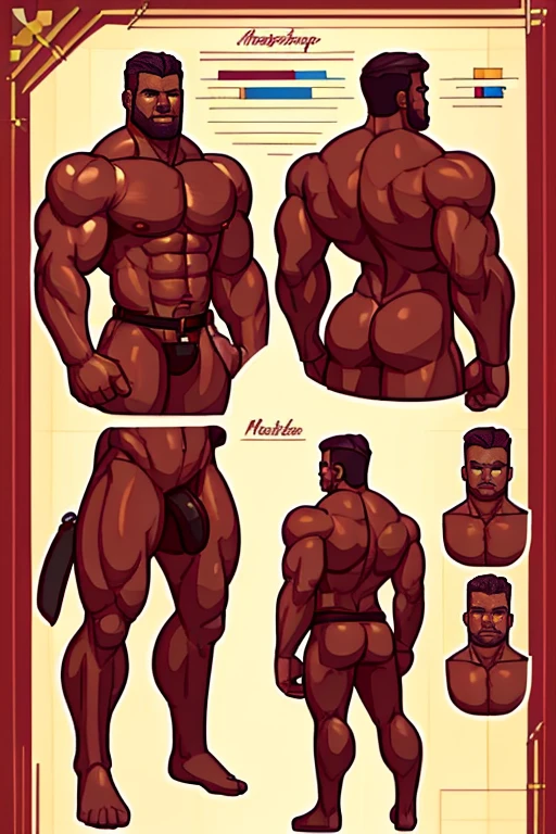 ((Masterpiece, Highest quality)), Male, boy, Detailed face, character design sheet, full body, Full of details, frontal body view, back body view, Highly detailed, Depth, Many parts, Muscle daddy,hair body handsome man, leather joscktrap and bdsm clothers.