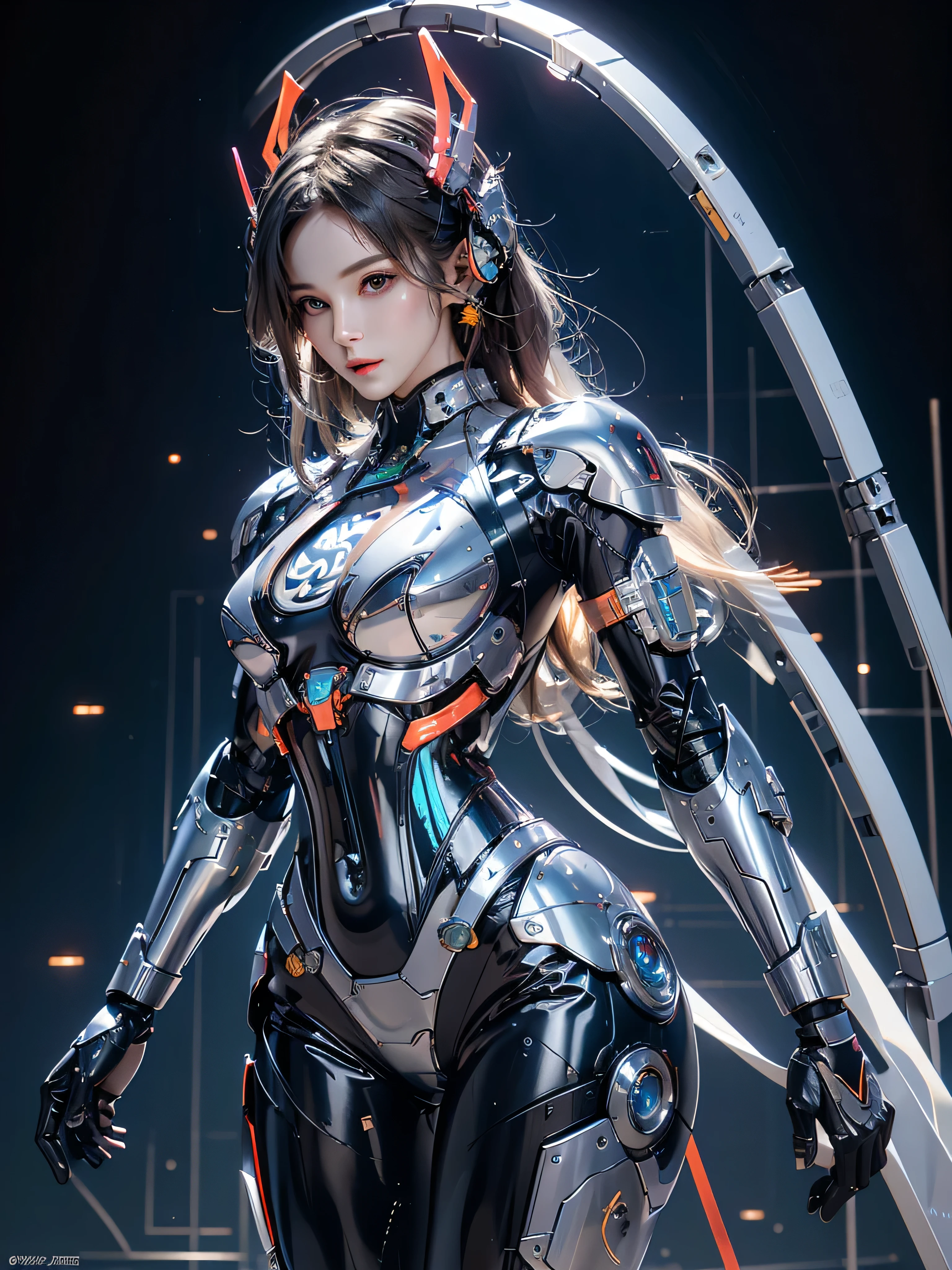 photorealistic, high resolution, 1women, mature female, solo, hips up, robot, mecha musume,mechanical parts, robot joints,single mechanical arm, headgear, mechanical halo,star halo,intricate mechanical bodysuit, mecha corset, full armor, led light, neon background, white mecha body
