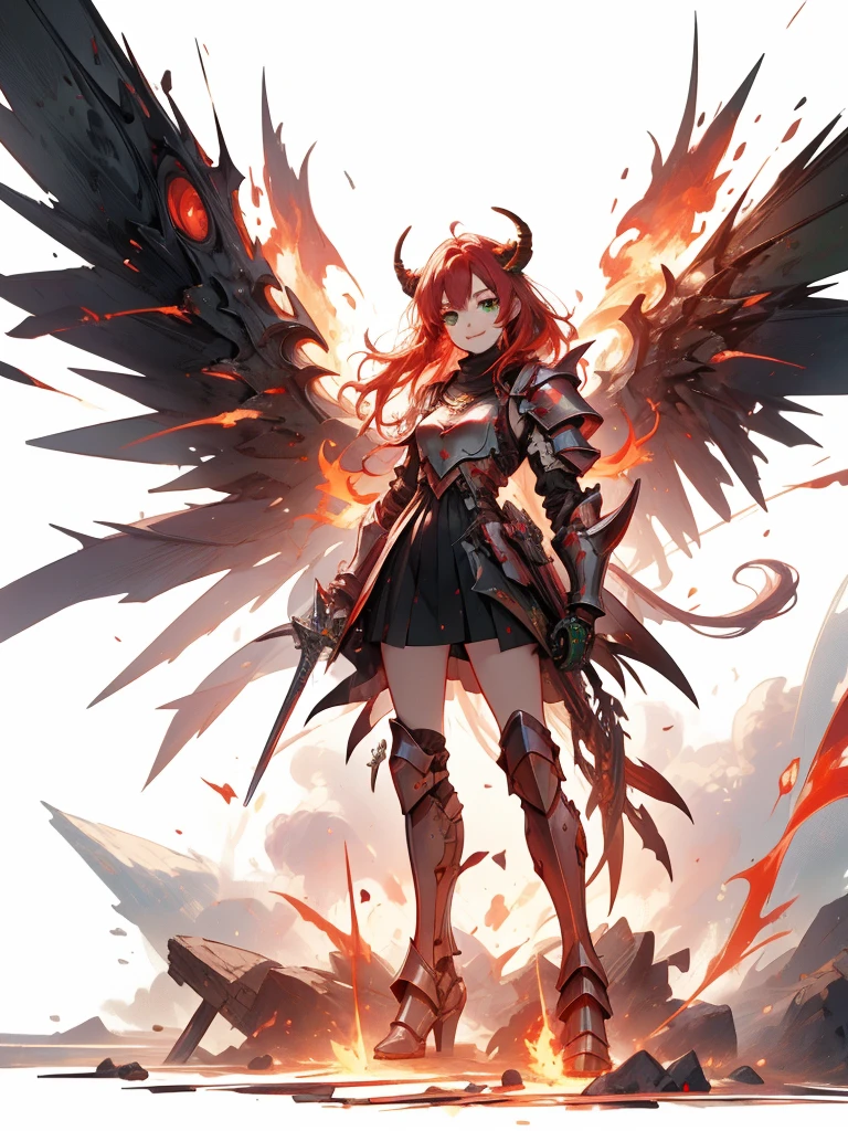 (Masterpiece, top quality), (perfect athlete body: 1.2), (detailed hair), ultra detailed, anime style, full body, solo, cyberpunk lady knight with mechanize lion ears, red mane and green eyes, bull horns, spread mechanize wings, boyish appearance, holding a flaming sword, wearing battle armor and battle boots, standing of wasteland, white background, whole body, supernatural flame and lightning. winning smile
