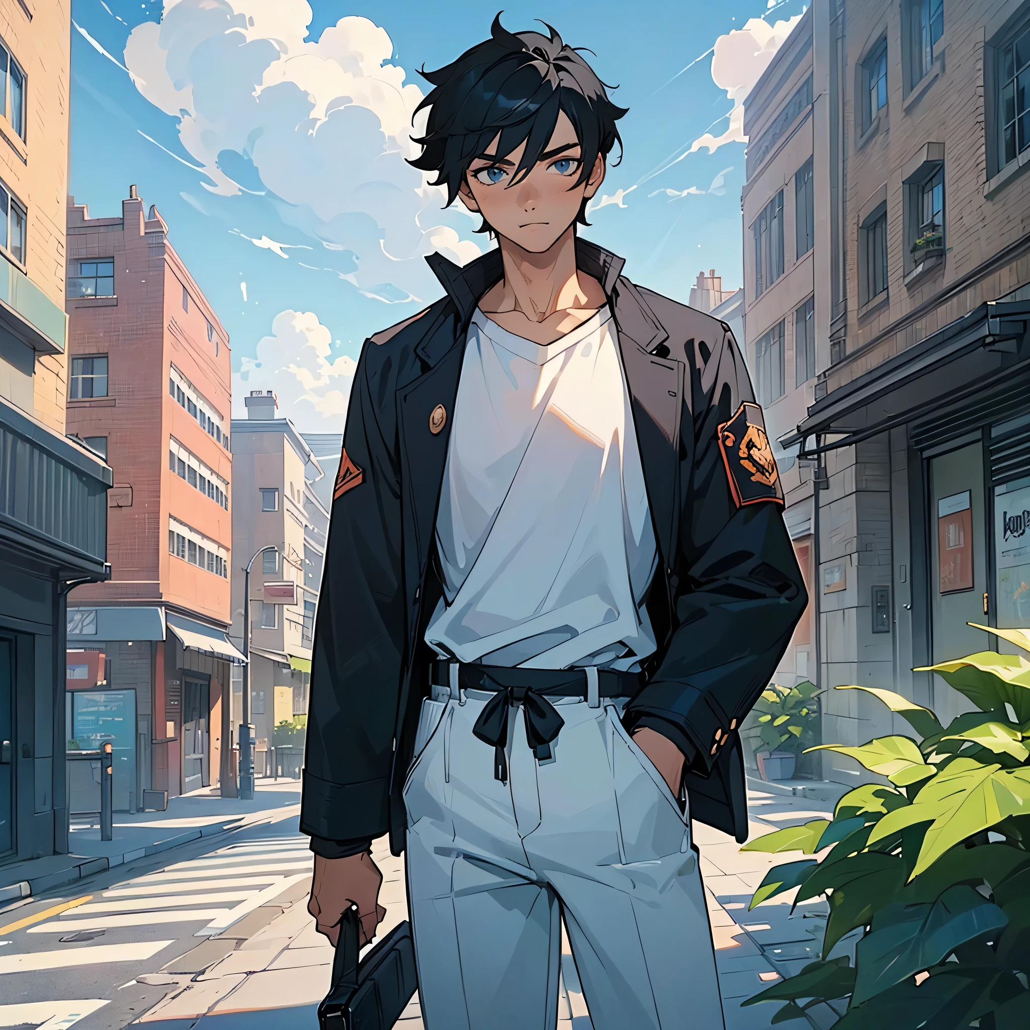 ((masterpiece,best quality,1boy,male focus,looking at viewer,solo,closed mouth,teenager,muscular,muscle))
black hair,short messy hair,bright blue eyes,perfect eyes,perfect face,calm demeanor,modern clothing,black jacket,white undershirt,black plants,caucasian skin color,standing still,peach skin color,
((street level background,noon,cloudy sky,buildings,street,clouds,afternoon))