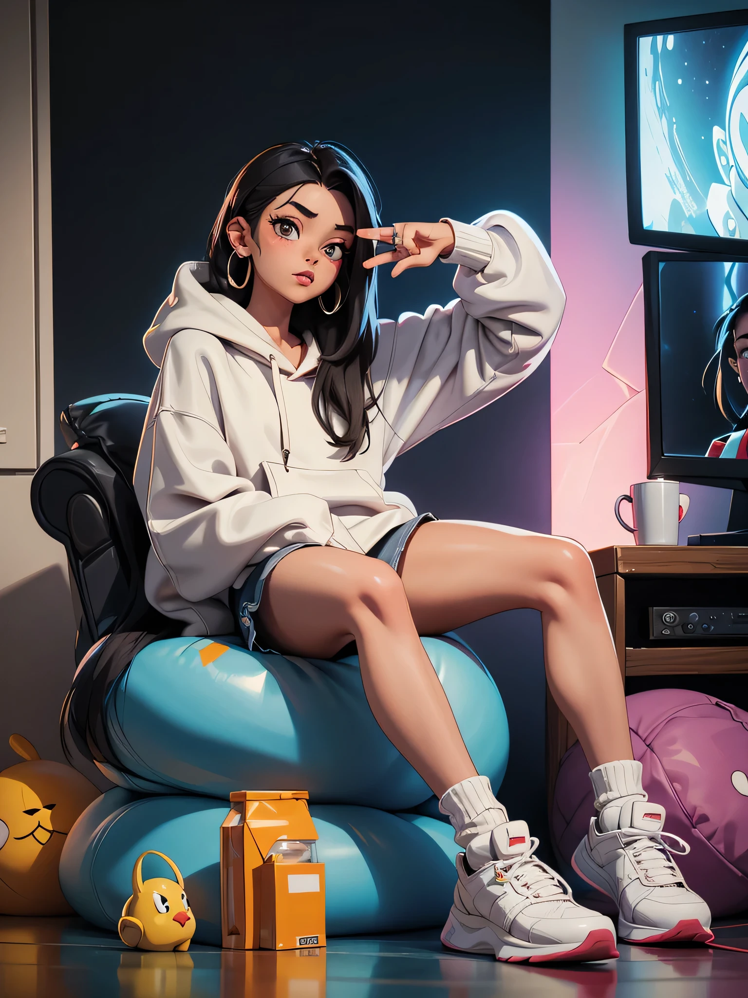 araffed native/mexican woman sitting on bean bag with a gray hoodie, septum piercing, nose piercing, nose ring, 22 years old, with long hair and piercing eyes, half asian, wearing a baggy sweater with short shorts, wearing socks, full body, legs crossed, piercings, small lips, small pointy nose, picture, 25 years old, watching tv, tv light shining on her face, night time, dark room, staring at tv, facing right, criss-cross, chillin, dumb fonded, alien, out of this world, studs, socks no shoes on 