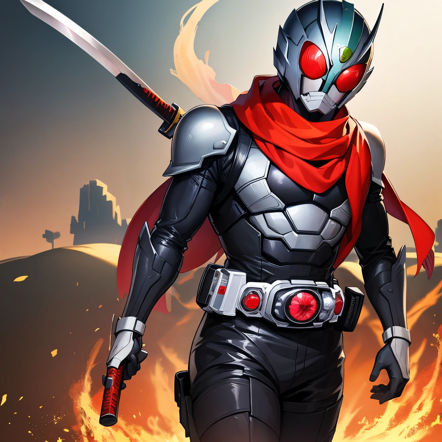 solo, male, kamen rider, digimon, katana, gun, scarf