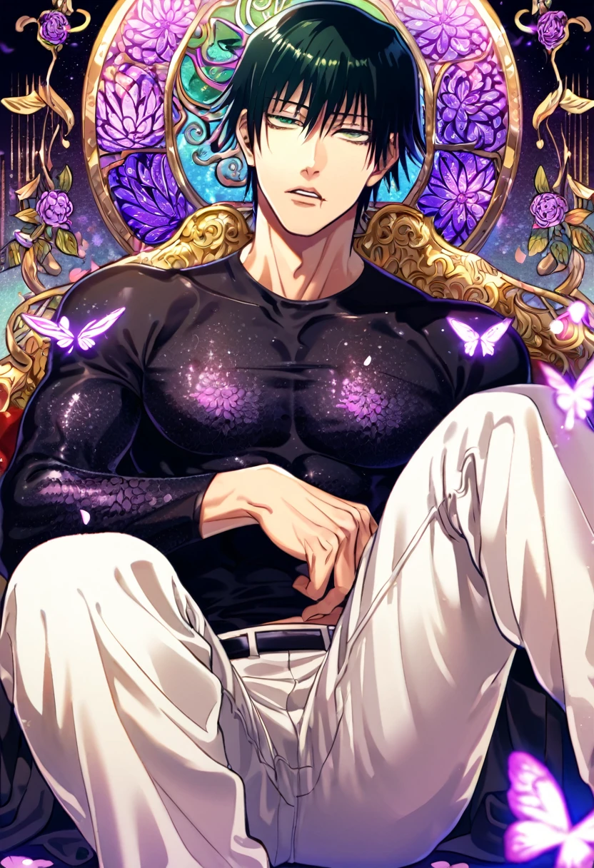 Ultra detailed, HDR, Highres, absurdres, master piece, Fushiguro Touji, black straight hair, expressive green eyes, Jujutsu Kaisen, purple glittering butterflies, petals, fantasy, purple flowers, sexy man, solo, extremely detailed face and eyes, handsome, glittering, toned chest, black coat with patterns, black tight shirt, scar on his right lip, white pants, sitting