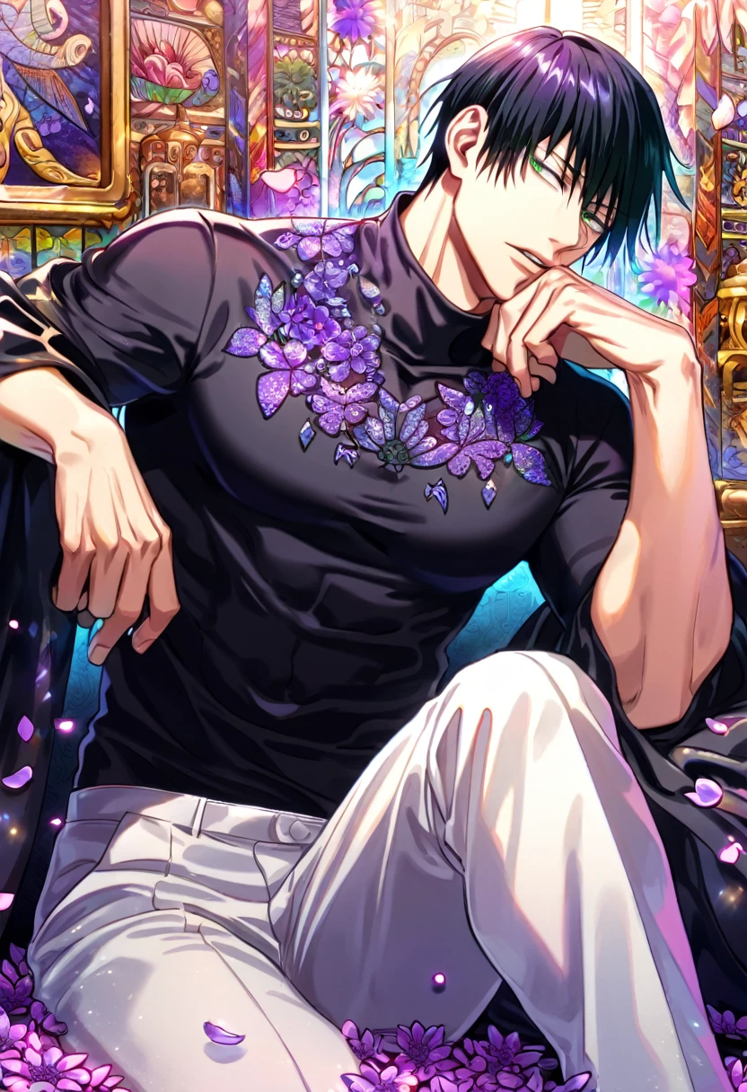 Ultra detailed, HDR, Highres, absurdres, master piece, Fushiguro Touji, black straight hair, expressive green eyes, Jujutsu Kaisen, purple glittering butterflies, petals, fantasy, purple flowers, sexy man, solo, extremely detailed face and eyes, handsome, glittering, toned chest, black coat with patterns, black tight shirt, scar on his right lip, white pants, sitting