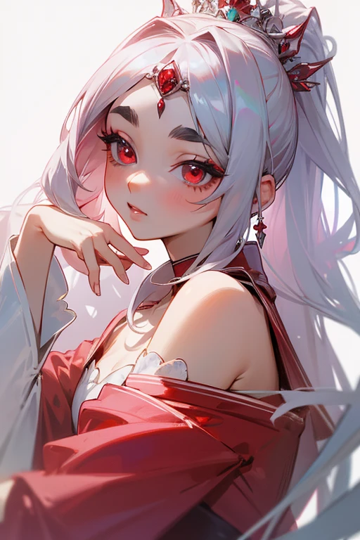 (highest quality, masterpiece:1.2), High resolution, Very detailed, Realistic:1.37, Fantasy, An illustration, Hair is whiteいです、Red eyes、Queen, Pink Dress.Platinum decoration、beautifully、Eyeshadow Red、Thick eyebrows、Long eyelashes、pupils are black、Hair is whiteい、Kissing Face、Embarrassing、Loved、ponytail、Hair is white、very cute、Shoulder Bare、platinum tiara、Beautiful hair ornaments、