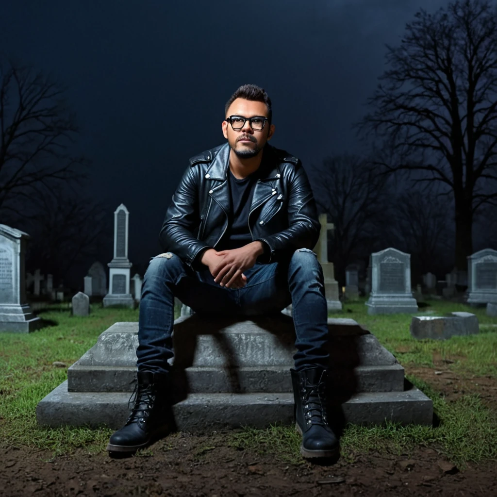 A hyper-realistic and professional portrait of a man with glasses and a short stubble beard, wearing a black leather jacket, ripped jeans, and long adventure boots. It is a dark night, and he is sitting atop a tomb in an abandoned, ruinous, and eerie cemetery. The ground is wet from rain that fell hours earlier. The sky is cloudy with a full moon casting the only light, creating an eerie illumination. The scene has a sinister, horror movie atmosphere, with shadows and dark tones enhancing the macabre setting. The environment is filled with crumbling gravestones, twisted, bare trees, and a sense of foreboding. The scene features great depth of field with a focus on the man. The image is captured in 8K resolution with professional photography quality, highlighting intricate details and realism.,gutto2024abr 