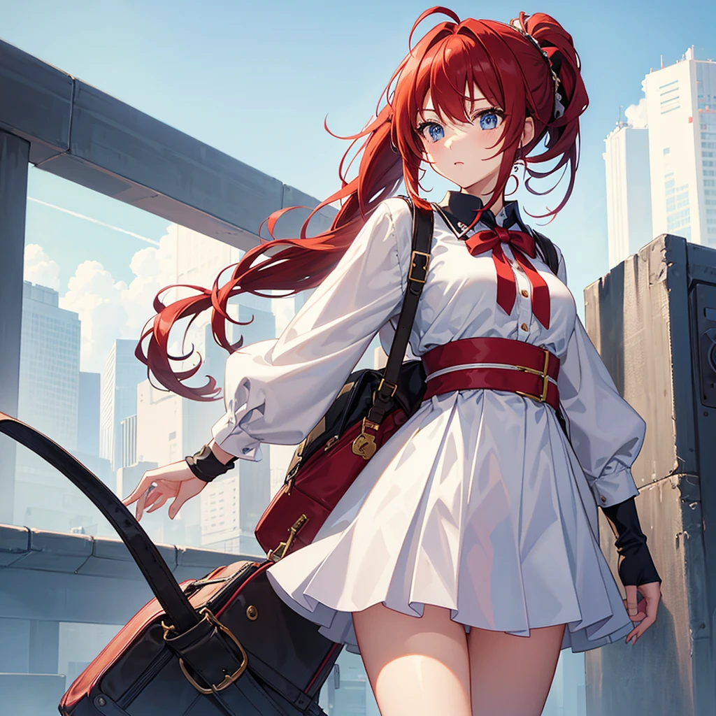 1girl, solo,Ponytail,Red Hair,MASHIROIRO SYMPHONY, INUI SANA,Showing the panties,masterpiece,best quality,highres,ultra-detailed,inui sana,blue eyes,long hair,red hair,high ponytail,ahoge,braid,hair between eyes,bangs,hair bow,neck ribbon,long sleeves,white jacket,collared shirt,juliet sleeves,white skirt,(black socks:1.2)