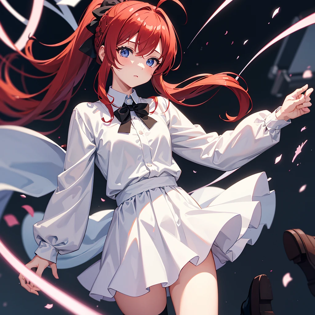 1girl, solo,Ponytail,Red Hair,MASHIROIRO SYMPHONY, INUI SANA,Showing the panties,masterpiece,best quality,highres,ultra-detailed,inui sana,blue eyes,long hair,red hair,high ponytail,ahoge,braid,hair between eyes,bangs,hair bow,neck ribbon,long sleeves,white jacket,collared shirt,juliet sleeves,white skirt,(black socks:1.2)