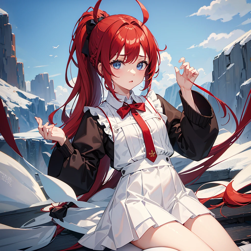 1girl, solo,Ponytail,Red Hair,MASHIROIRO SYMPHONY, INUI SANA,Showing the panties,masterpiece,best quality,highres,ultra-detailed,inui sana,blue eyes,long hair,red hair,high ponytail,ahoge,braid,hair between eyes,bangs,hair bow,neck ribbon,long sleeves,white jacket,collared shirt,juliet sleeves,white skirt,(black socks:1.2)