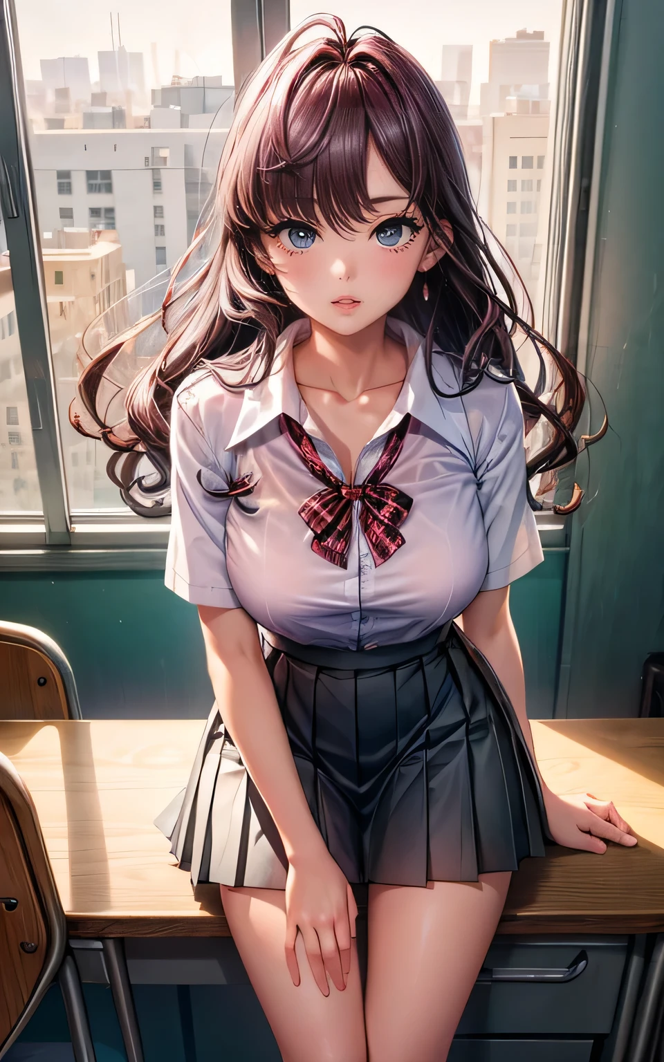 (masterpiece, best quality), nsfw,
1girl, skirt removed, standing, pull leg, leaning forward, v arms, looking at viewer, lower body, from below,
BREAK girl, 15 yo, (huge breasts:1.1)、 ultra detailed eyes,(tareme:1.1),
surprised, (:o),blush

BREAK (school uniform), (white collared shirt, plain pattern shirt, short sleeves, white sleeves, shirt tucked in:1.2), collarbone, (open clothes:1.2), pink lace bra, midriff, navel
BREAK (black and grey plaid pattern skirt:1), (pleated skirt, miniskirt:1.2), (white socks:1.2), (pink lace panties:1.3), loafers

BREAK classroom, window
