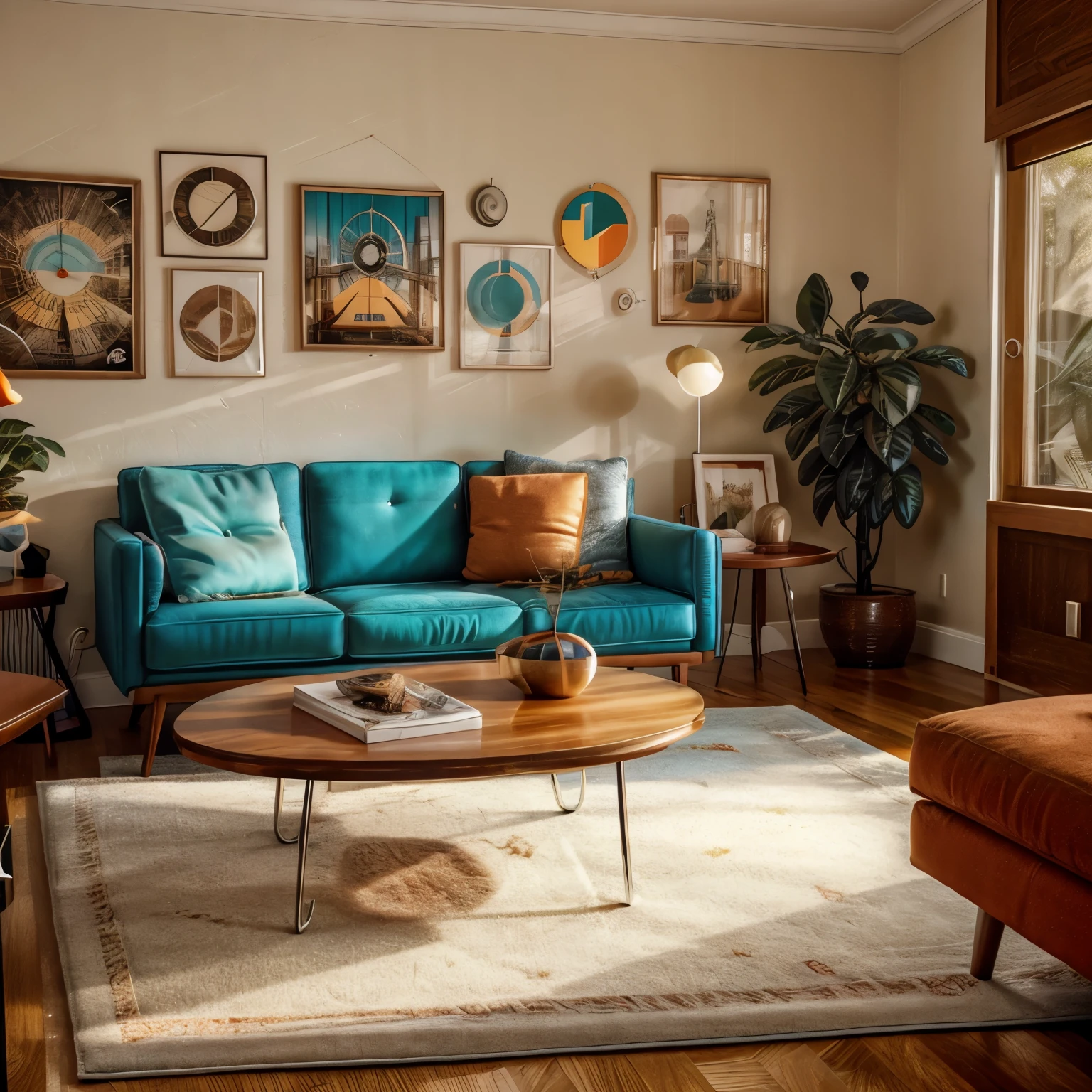 Create a retro-themed house interior with bold colors, geometric patterns, and vintage furnishings from the 1950s and 1960s. Include a bright orange mid-century sofa, a round coffee table with hairpin legs, and a starburst clock on the wall. A bright orange or teal sofa with tapered wooden legs and a low profile. A wooden or Formica-topped coffee table with hairpin legs adds a touch of mid-century modern charm. An iconic starburst clock on the wall, featuring metal rays. A bold, geometric patterned rug in colors like teal, orange, and mustard ties the room together and enhances the retro vibe. A pair of vintage armchairs with curved wooden arms and upholstered in vibrant fabric provide additional seating and style. Table lamps with atomic-era designs, featuring bold shapes and metal accents, add to the overall theme while providing ambient lighting. A dining table with a Formica top and chrome legs, paired with vinyl-upholstered chairs, creates a nostalgic dining area. Add retro accessories such as vinyl records, rotary dial phones, and vintage posters or artwork to complete the look.