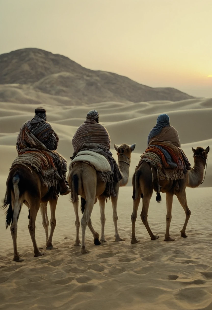 Close-up image, biblical, the three (((3))) wise men, riding on their camels, at night, following the ((star of bethlehem)) through the desert, at night, taking gifts, to meet the  jesus, delicate detailing, highly detailed textures, soft-focus effect,soft shadows,minimalist aesthetic,gentle illumination,elegant simplicity,serene composition timeless appeal,visual softness,extremely high quality high detail RAW color photo,professional lighting,sophisticated color grading,sharp focus,soft bokeh,striking contrast,dramatic flair,depth of field,seamless blend of colors,cinematic still 35mm,CineStill 50D,800T,natural lighting,shallow depth of field,crisp details,hbo netflix film color LUT,32K,UHD,HDR,film light,panoramic shot,breathtaking,hyper-realistic,ultra-realism,high-speed photography,perfect contrast,award-winning phography,directed by lars von trie