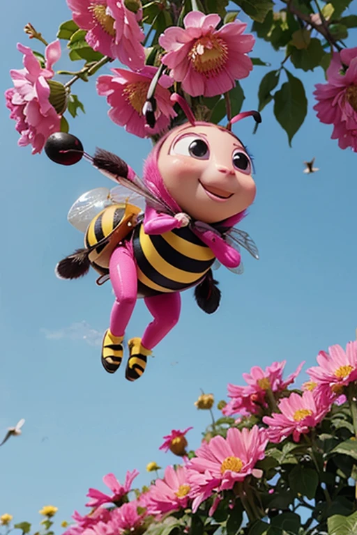 create a bee that is flying in fuchsia and pink, in Pixar format.