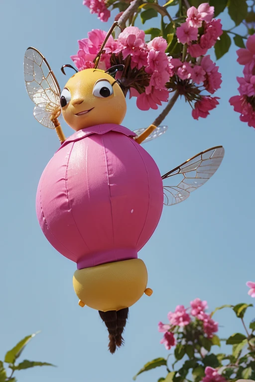 create a bee that is flying in fuchsia and pink, in Pixar format.