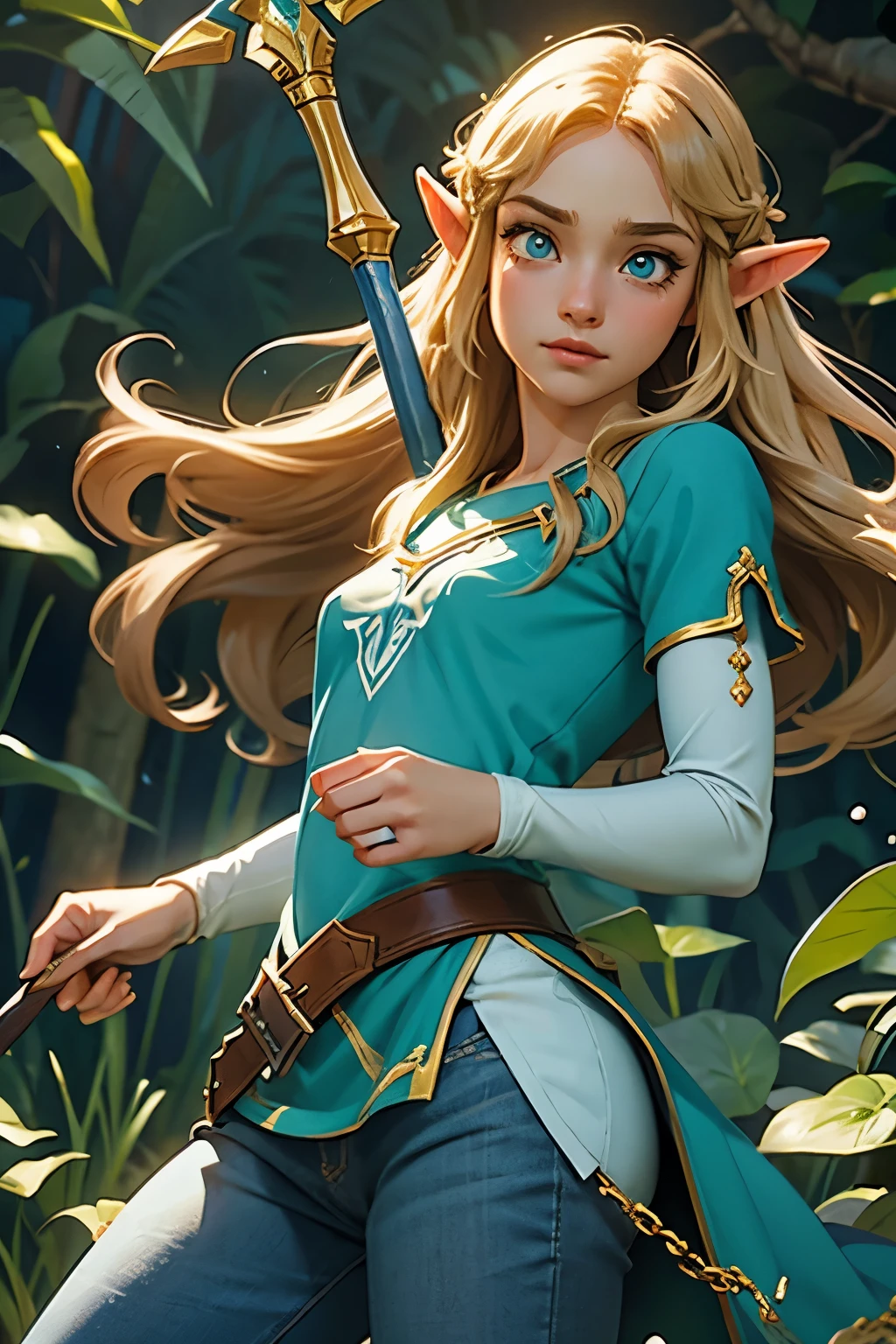 princess zelda, 1 garota, artist request, cinto, cabelo loiro, blue camisa, livro, botas, inexpressivo, corpo todo, olhos verdes, high resolution, olhando para o espectador, Magia, nintendo, pants, Orelhas pontudas, camisa, cabelo curto, fundo simples, Sozinho, a lenda de Zelda, a lenda de Zelda: sopro da natureza, a lenda de Zelda: Tears of the Kingdom, flor feita de luz, Magia