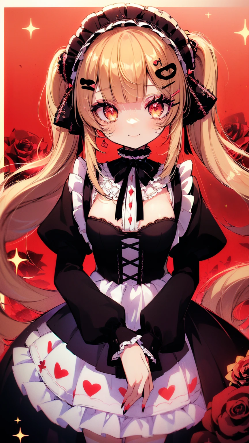 ((Masterpiece)), (Anime:1.5), ((best quality)), (RAW photo:1.2), (High Definition:1.3), (Professional Photography:1.2), (chromatic aberration), 1girl, ((ars old)lens flare, wide shot, Textured skin, cinematic lighting, 1girl, ((Beautiful Gothic Lolita pure-white-Dresses)), (very hoop-dress), Luxury roses embroidery, cute innocent young girl, ((hair over one eye)), Slender and small breasts, (long silky blond hair), (gothic lolita makeup), (super detail), beautiful hair, smile, (cute sparkle), Light particles, stand in beautiful Fantastic garden, (red roses garden)