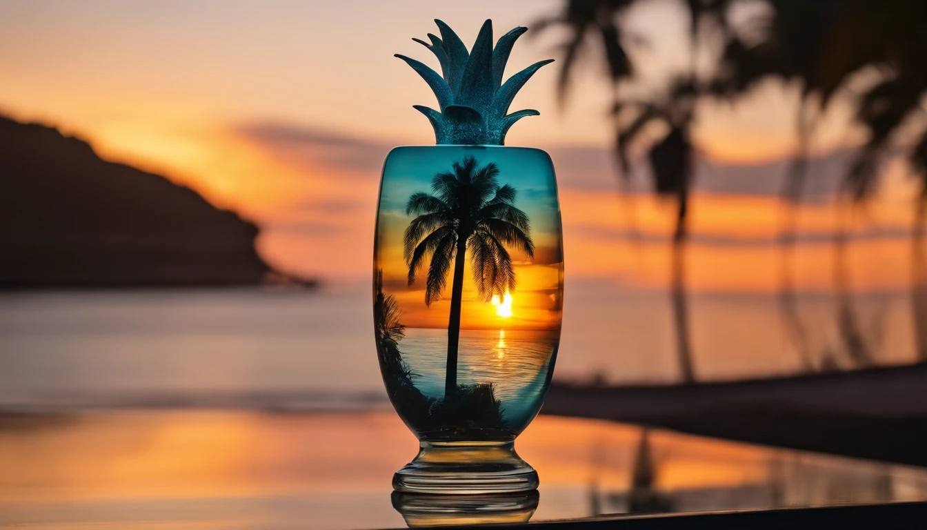lovely Double Exposure image by blending together a sunset at the sea and a Glass banana. The sea should be the background, with its details subtly incorporated into the glossy glass pineapple, Sharp focus, Double Exposure, glossy Glass banana, (Translucent glass statue of a banana) (Inner Sea) Lifeless, Dead, Glass banana, Earth Colors, Decadence, Intricate Design, Ultra-realistic, High resolution, Very detailed, Dark Softbox Image, Ray Tracing, Cinematic, High resolution, Realistic (Double Exposure:1.1)