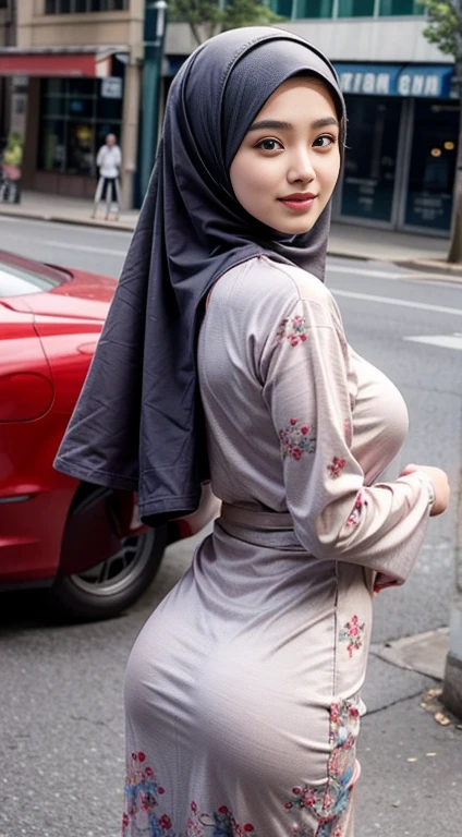 RAW, Best quality, high resolution, masterpiece: 1.3), beautiful Malay woman in hijab (iu:0.8),woman standing on the market, beautiful design, wearing a beautiful tight baju kurung, beautiful clothes, very beautiful style, floral patterned dress, beautiful masterpiece, beautiful dress, wearing a graceful dress, very beautiful masterpiece, fine details, beautiful dress, full dress closed, very beautiful and graceful, very detailed, big breasts,big round buttocks, from behind, (looking at the audience, looking back, facial details, double eyelids, smiling)