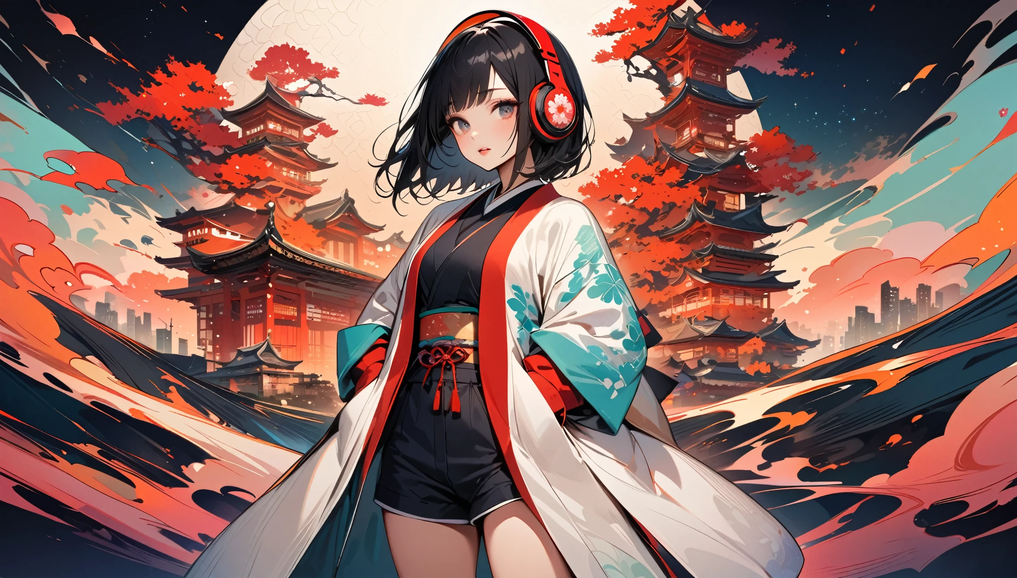 ((Masterpiece, high resolution, highest quality, highest quality real texture skin)), (1 girl),(wearing Japanese pattern headphones), (1 very beautiful and attractive Japanese woman, 160 cm tall, slender, double round and large Eyes, tongue slightly sticking out, beautiful lips, whole body, hands in pockets: 1.5, Japanese shorts), outer box: 1.2, (wearing Japanese pattern haori: 1.4, Japanese pattern micro mini shorts: 1.3) , (black hair, beautiful shiny hair, bob, beige skin), ((color background design, sakura, Japanese pattern background, warm colors)), (surreal, digital painting),(((In the background, the lively nighttime Japanese cityscape is richly detailed.)))