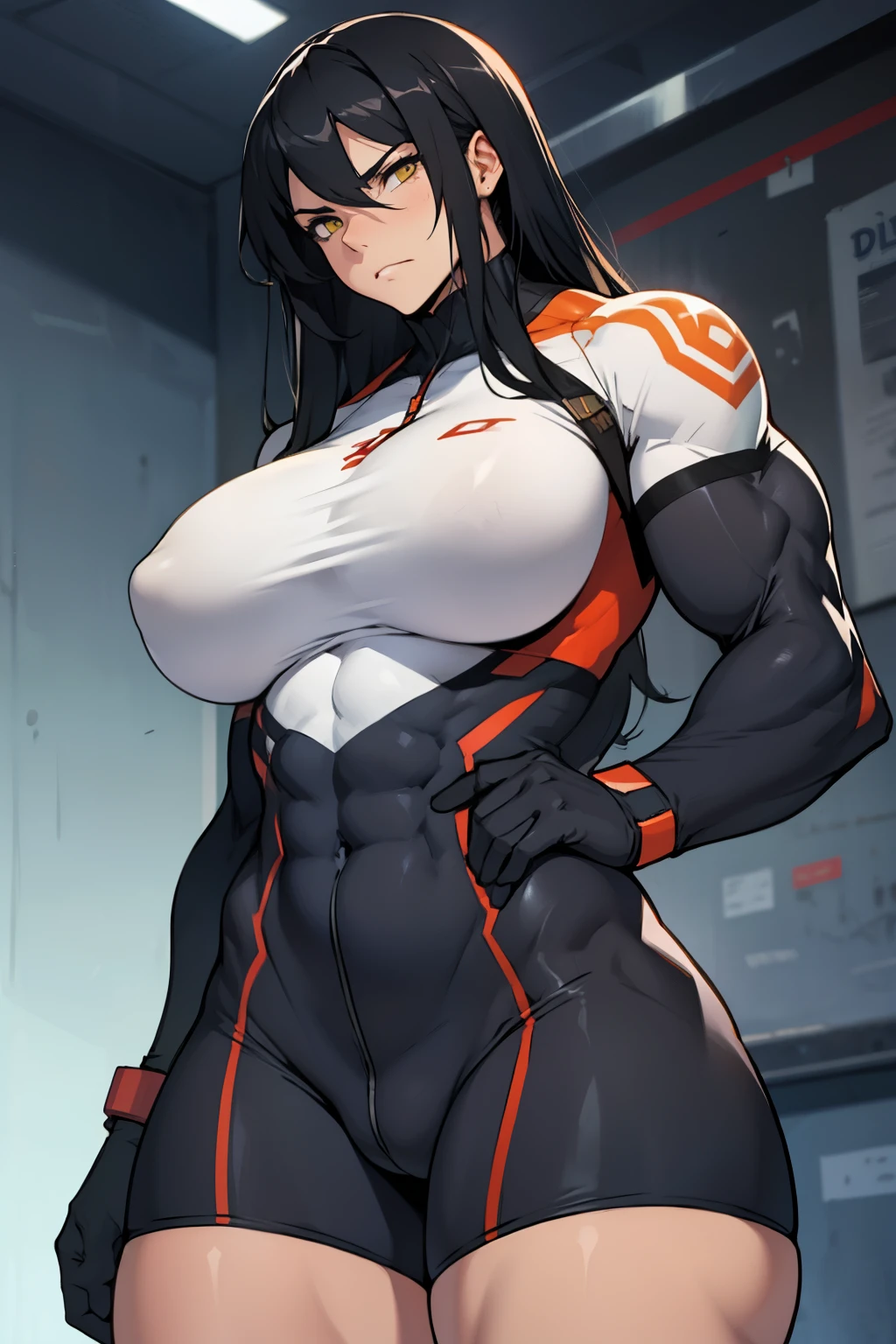 huge muscles huge breasts huge thighs pale skin black hair yellow eyes very long hair muscular girl sad frown expressionless huge muscles huge breasts huge thighs huge muscles huge breasts huge thighs skintight suit