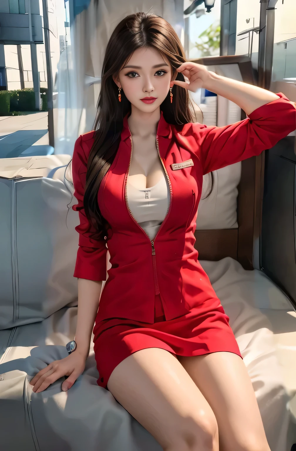 AirAsia red jacket uniform、Long hair down to the legs、Dark brown hair、Luxury earrings、Captivating look、Blue Eyes、22 year old Asian female