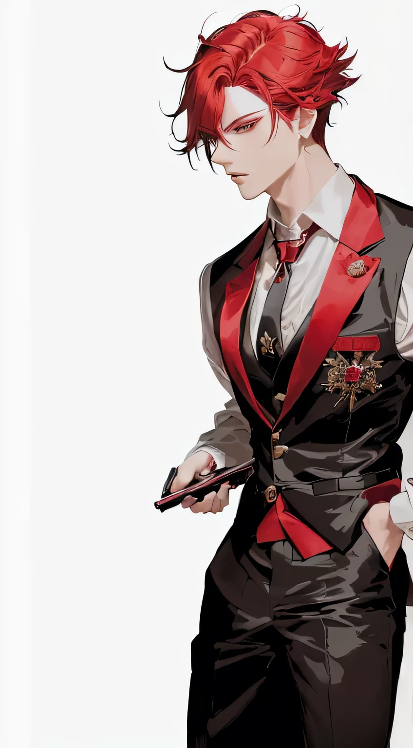 Anime style red hair man and vest image, Clear facial features, Cool anime poses, Black and red tuxedo, Delicate hermaphroditic prince, black and red suit, ((wearing noble robes)), Crimson clothing, Wearing a vest,Wearing a tie, beautiful androgynous prince, wearing a black and red suit, Red and black suit, Well-dressed Nightmare
