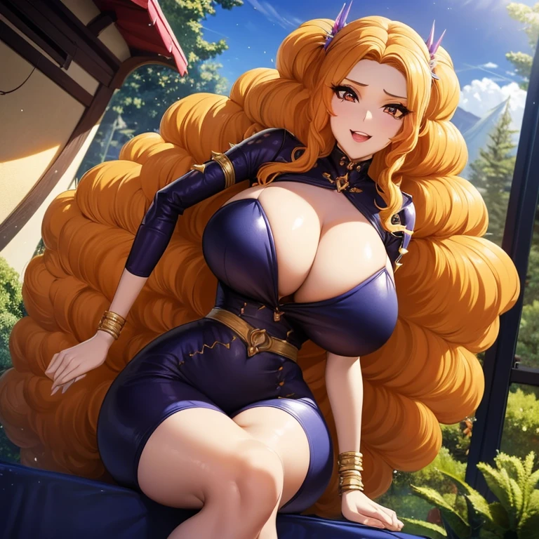 Ariana, the Anime Maiden of Ravishing Allure, boasts a captivating figure with Gigantic and Voluptuous Breasts, her hair cascading in golden curls, a Red-haired Rubia of Erotic Appeal. With her sultry gaze, celestial eyes shimmering like diamonds, and a sensual smile, she appears as a Vixen, a woman of enchanting allure. Clad in an Erotic Armor suit, she exudes a Sensual Aura, accentuating her youthful age of 16, yet emanating an air of Maturity. Her hair is adorned with Double Hair