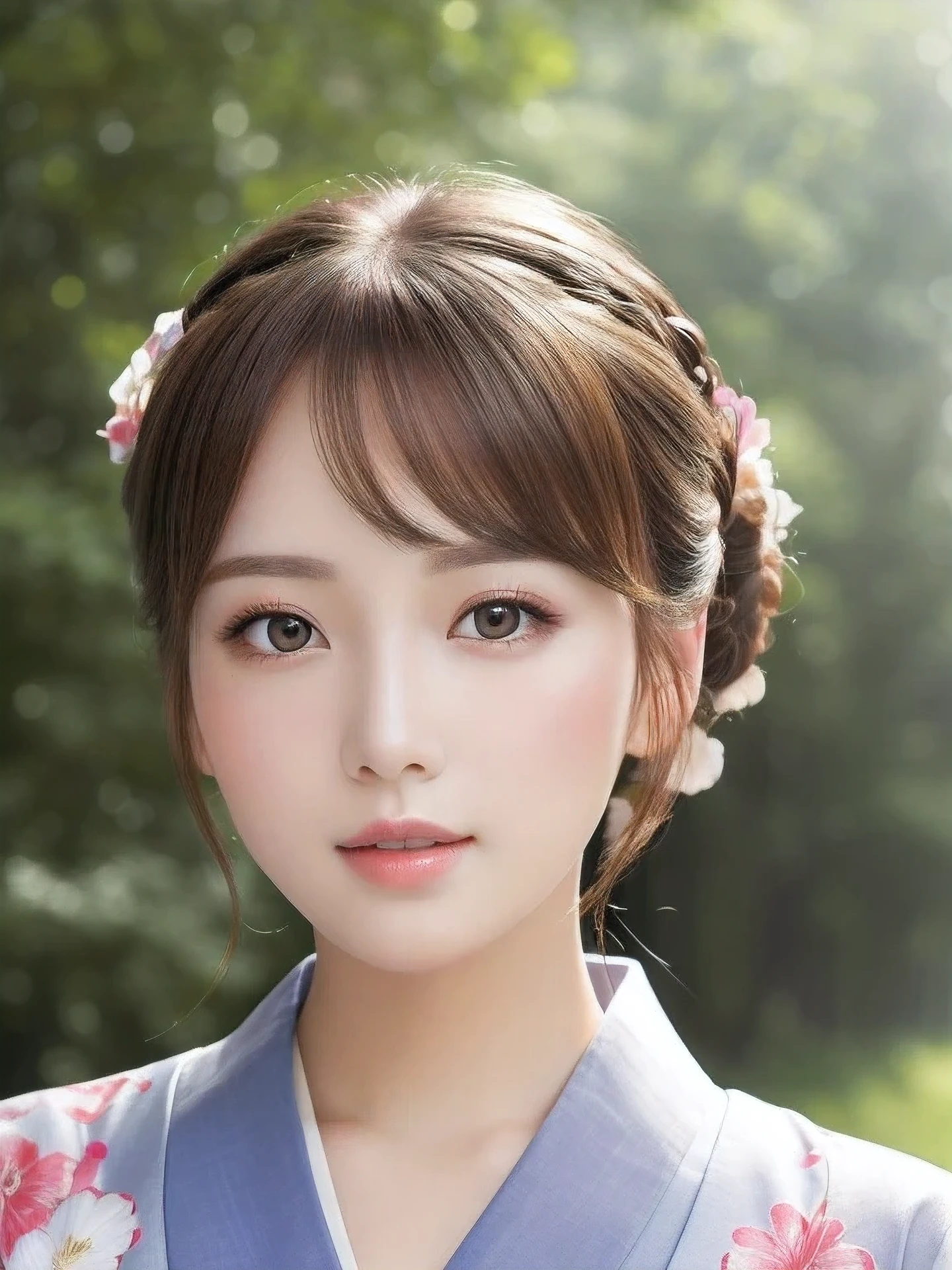 masterpiece, highest quality, High resolution, wallpaper, realistic, (bright lighting:1.4), professional lighting, face light, smooth lighting, (shoot from front:1.8), 1 girl, （in beautiful colorful kimono:1.5）、closeup-face, cute, sleepy, open mouth to say something, shy, Beautiful girl, sexy, super beautiful, beautiful skin, beautiful and detailed eyes、detailed face、slim、moderately, half updo, brunette colored hair, brown eyes, Professional Photography, Bokeh, Portrait, The morning sunlight shines through the misty forest path. white Summer Dresses,