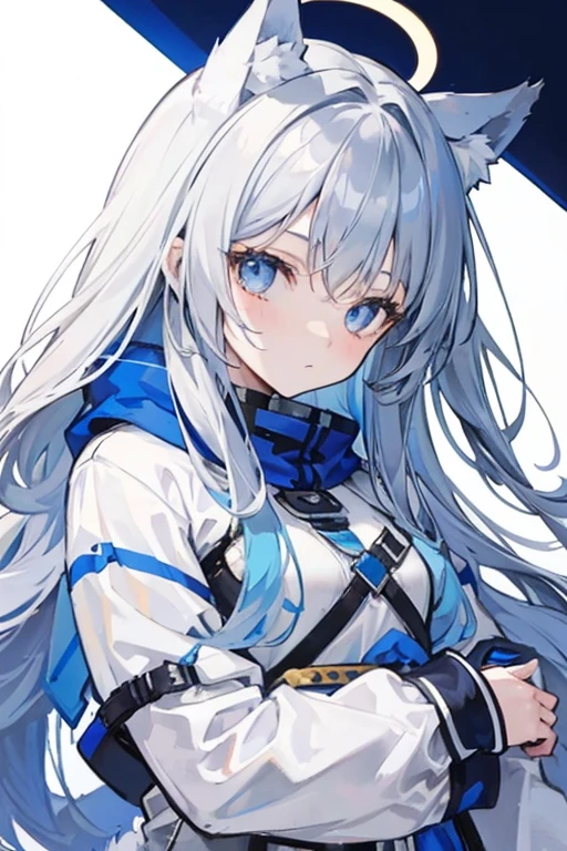Blue Archive A girl with long gray hair and wolf ears and a tail, gray eyed girl, girl with halo above her head, One Girl