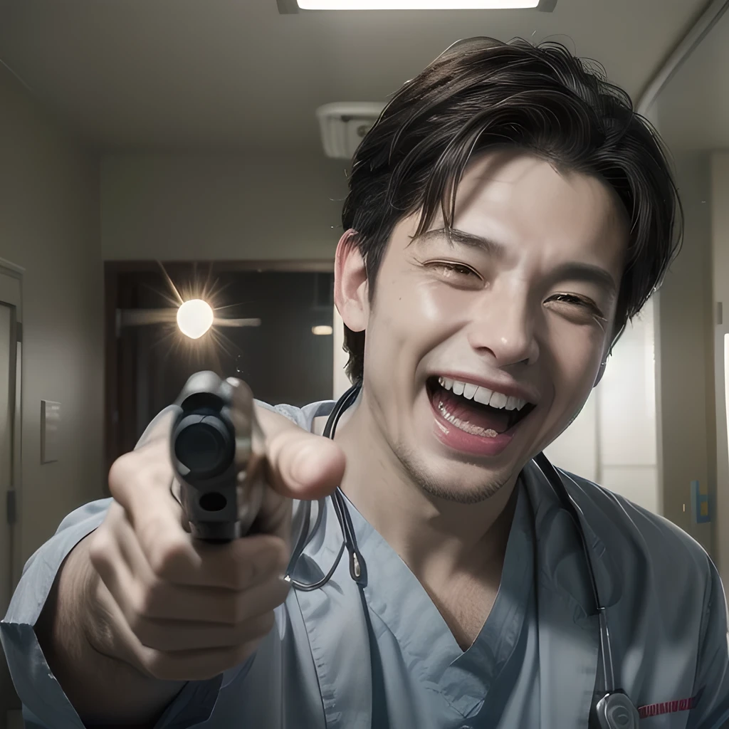 TOP quality,8K, masterpiece, (realistic:1.2), (1man:1.2), 40yo,(laugh:1.5),(doctor),(point the gun at viewer:1.4),(hospital:1.3)