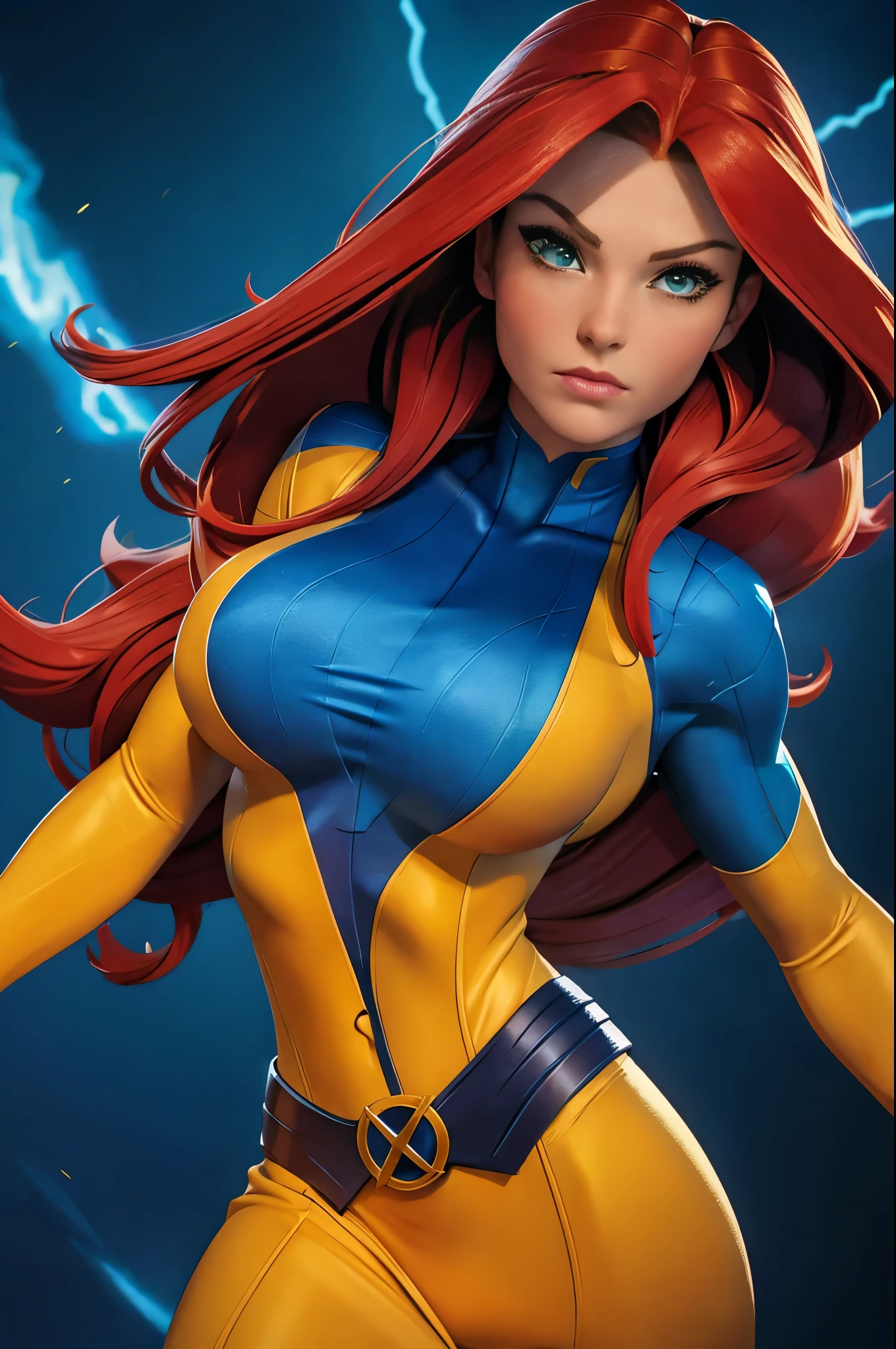 (Jean Grey), Xmen 97, a beautiful woman with long red hair, detailed face, piercing green eyes, wearing a blue and yellow costume, x-men 97 style, dynamic pose, muscular body, cosmic powers, dramatic lighting, cinematic composition, photorealistic, award winning digital art