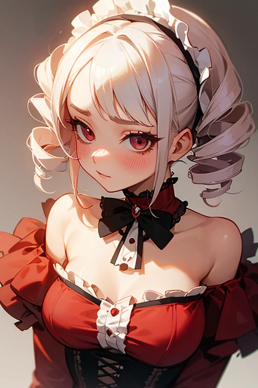 Short white hair, blush, one piece、Punk Fashion、Headbang 2.、Red clothes、Elegant Lolita、Victorian Maiden、Twin Drill、My hair is curly、Off the shoulder、Sexy pose、
