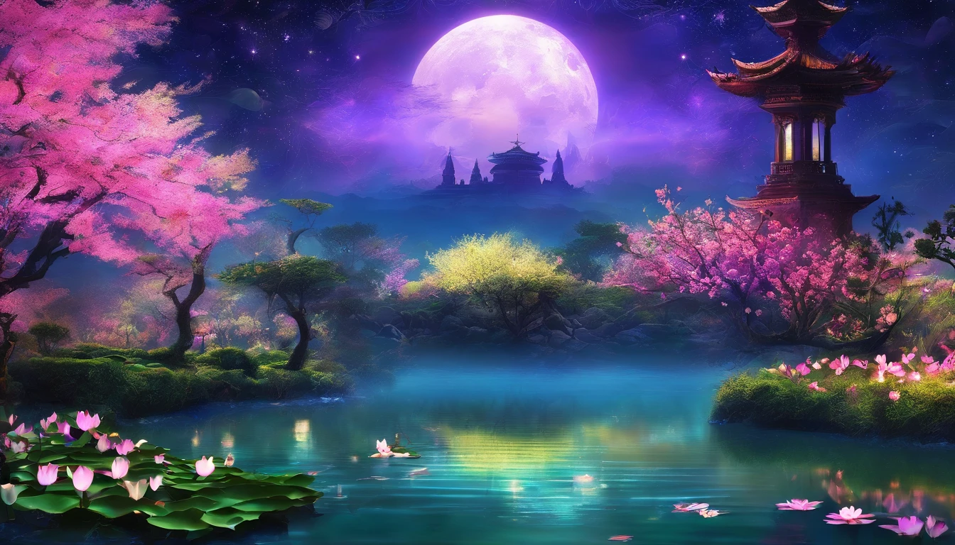 (masterpiece,Actual photo shoot,Simple configuration:1.5),night,Moonlight over the lotus pond,Plum Bossum,Beautiful artistic concept,Realistic style,Great atmosphere